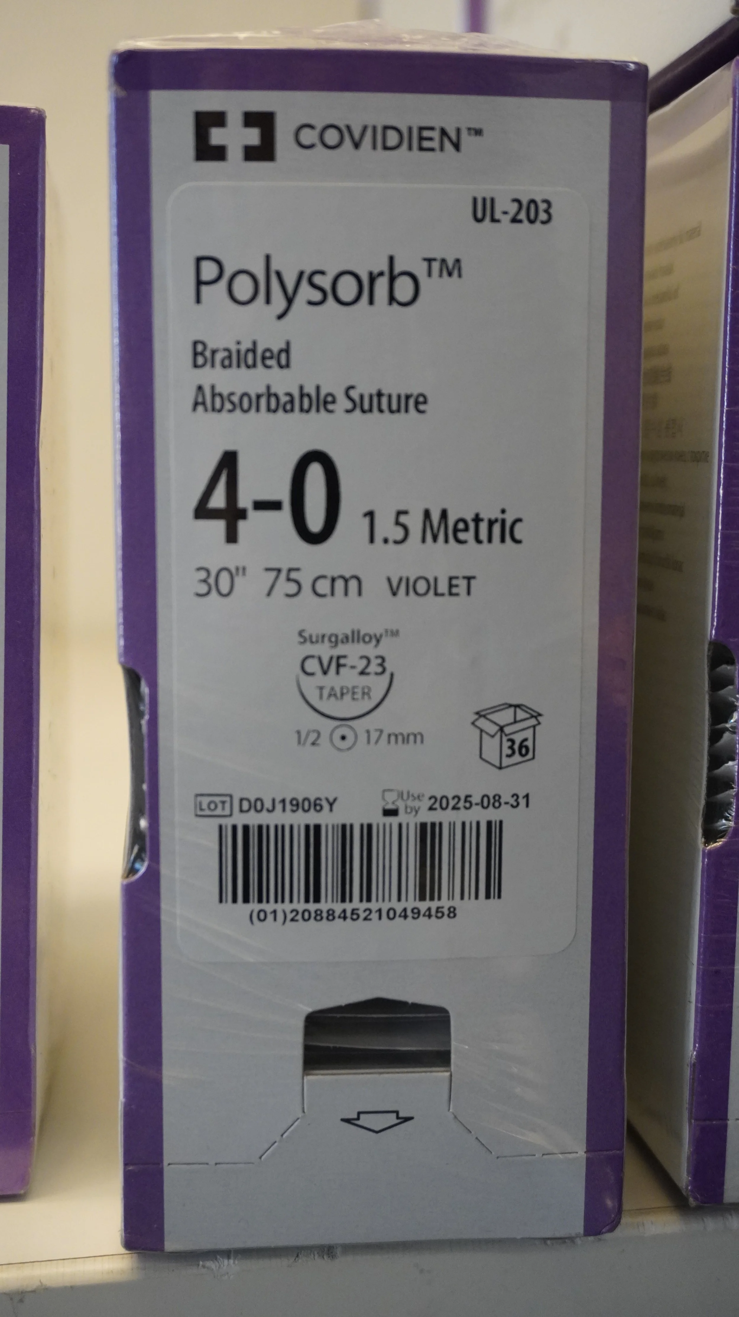 COVIDIEN | UL-203 | PACK of 36/pc | Polysorb Braided Absorbable Suture 4-0 1.5 Metric 30" 75cm VIOLET