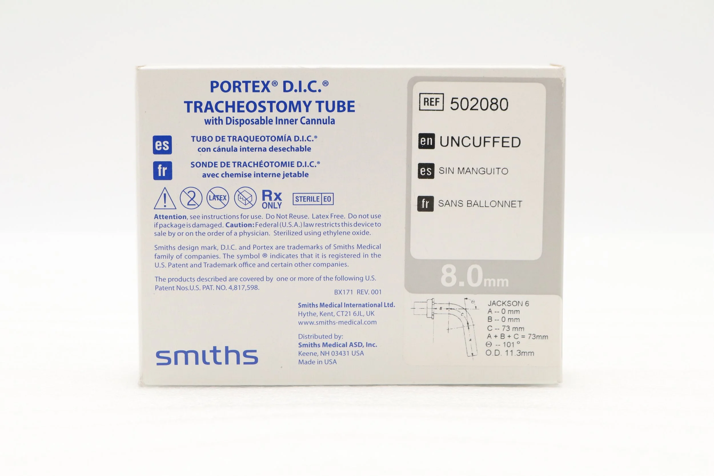 SMITHS | 502080 | PORTEX D.I.C. TRACHEOSTOMY TUBE, UNCUFFED 8MM