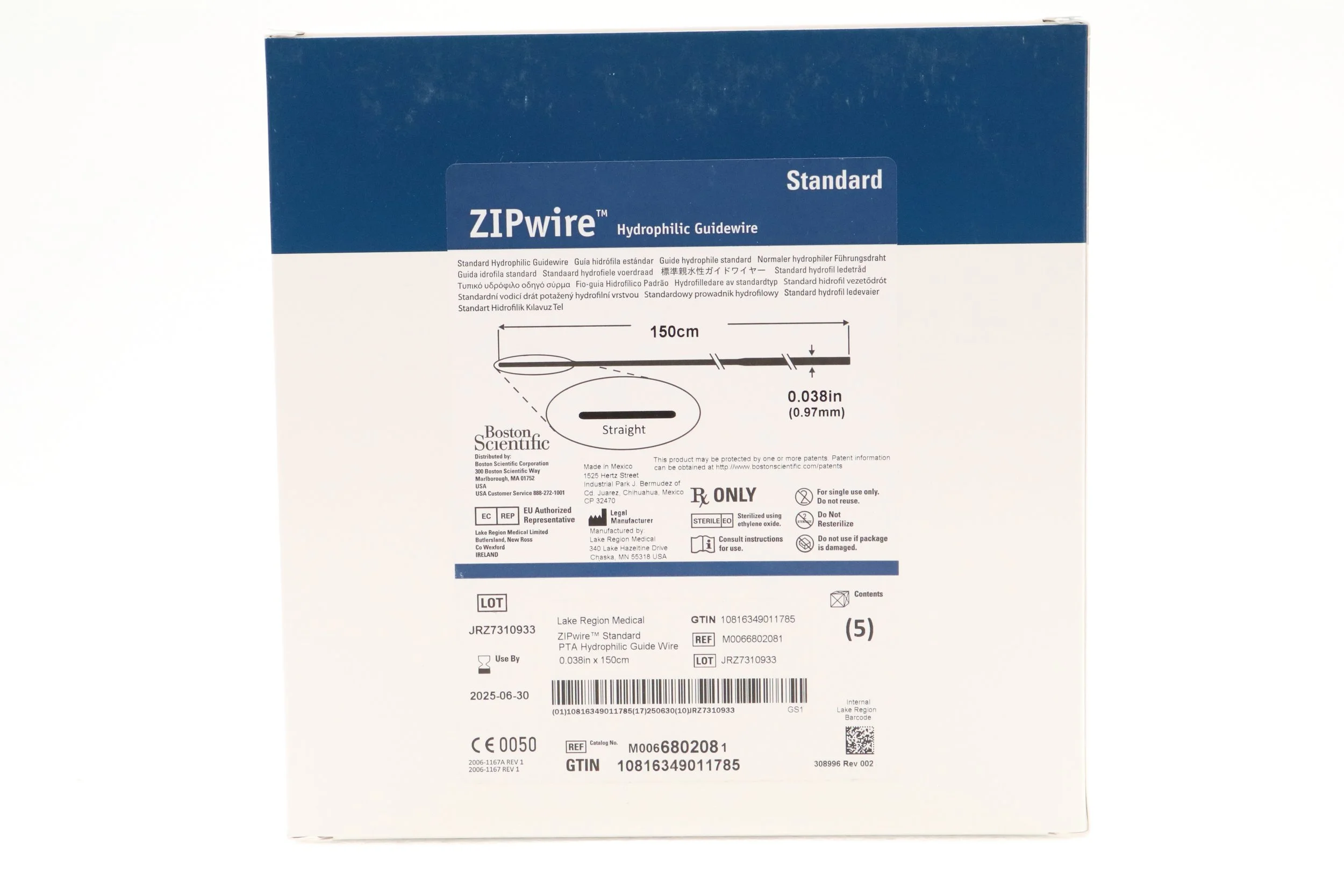 BOSTON SCIENTIFIC | 680208 | BOX OF 5 | (M0066802080) ZIPWIRE STANDARD HYDROPHILIC GUIDEWIRE, STRAIGHT TIP, 0.038IN X 150CM