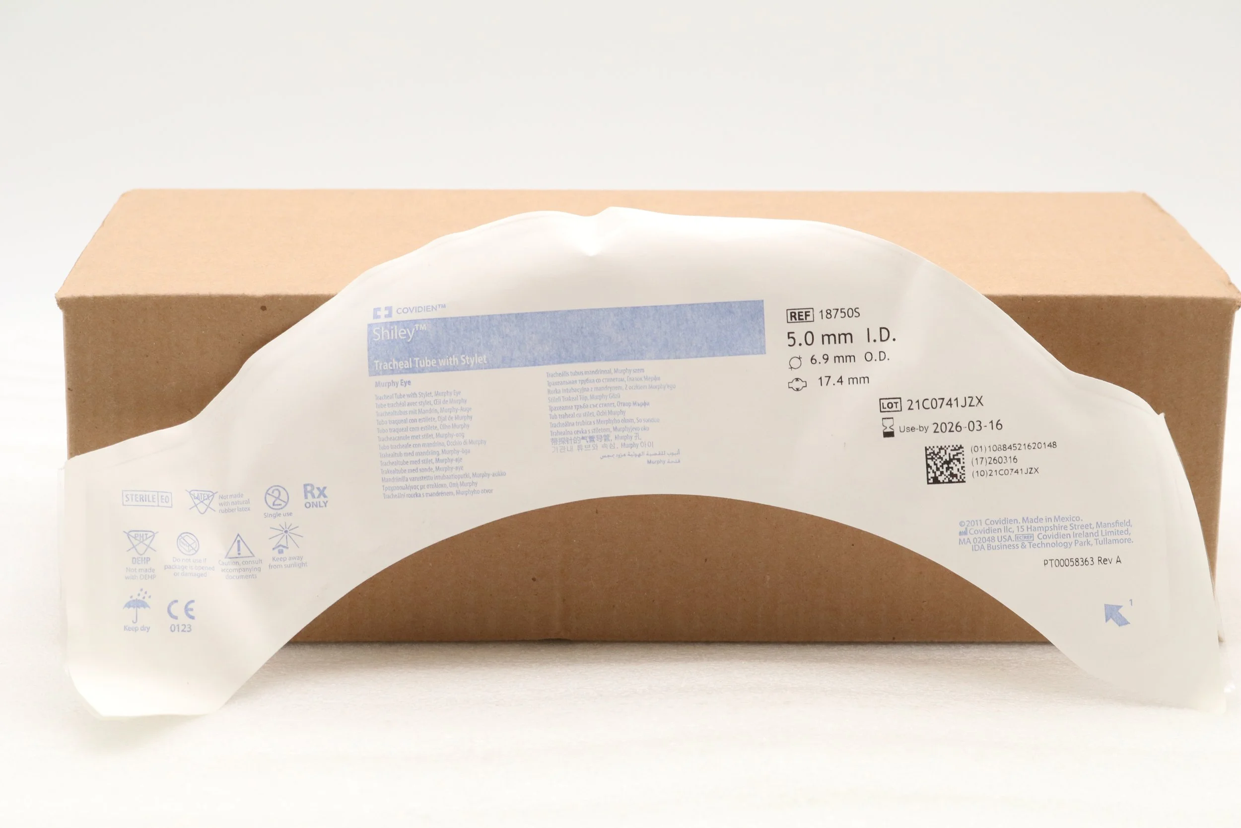 COVIDIEN | 18750S | IN-DATE | EACHES | TaperGuard Tracheal Tube with Stylet, Murphy Eye, 5.0mm ID x 6.9mm OD