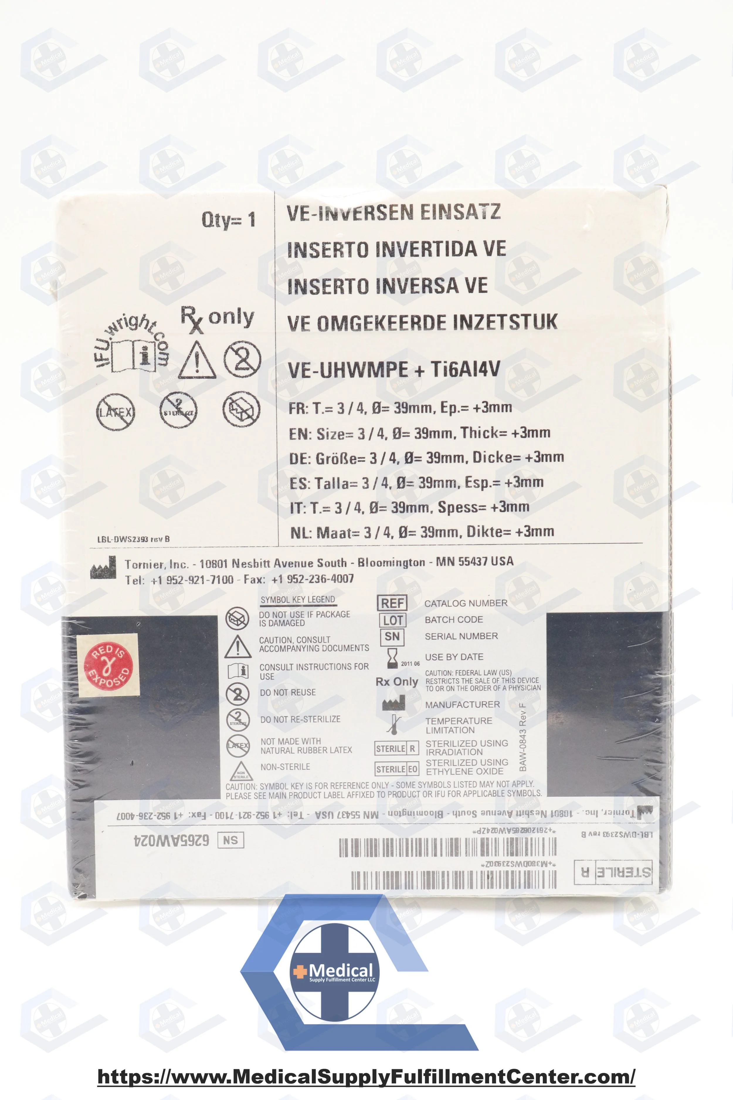 TORNIER | DWS2393 | IN-DATE | EACHES | PERFORM HUMERAL SYSTEM SIZE 3/4 DIA. 39MM THICKNESS +3MM