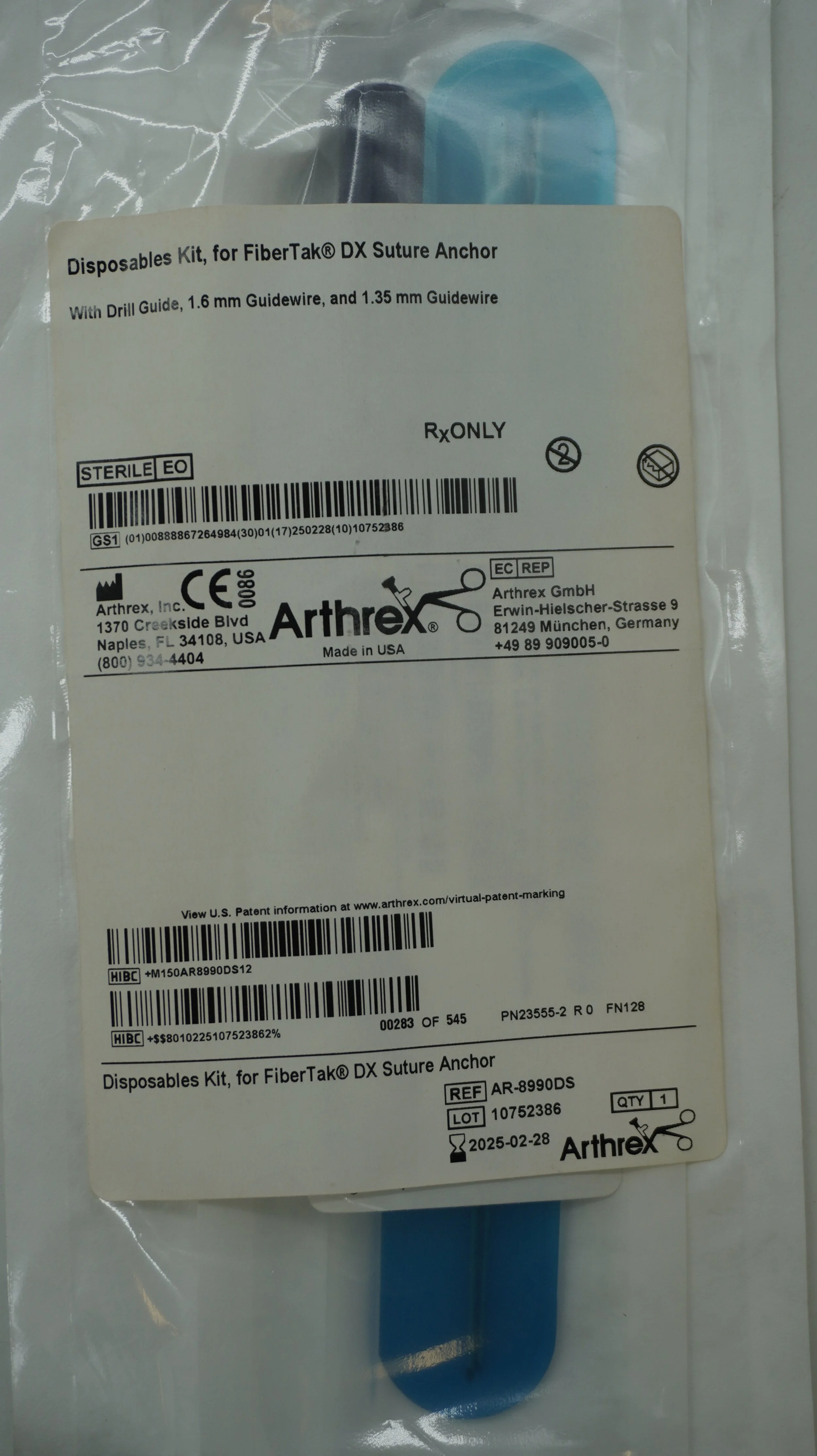 Arthrex | AR-8990DS | EACH | AR8990DS Disposables Kit, for FiberTak DX Suture Anchor
