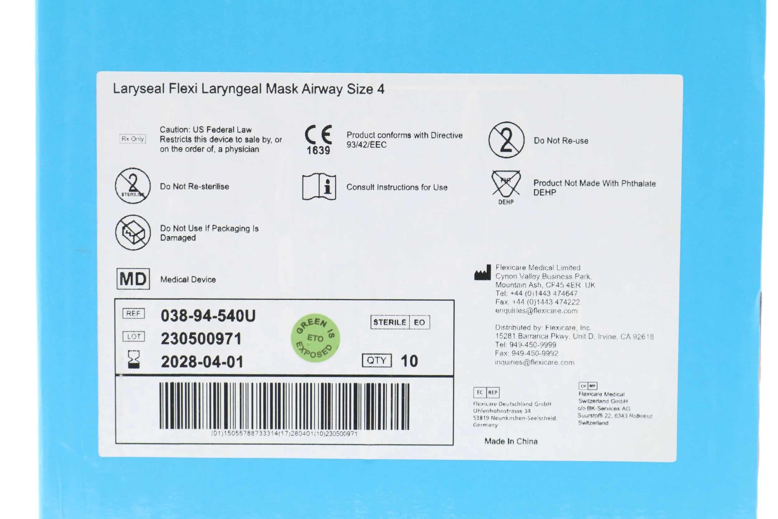 Flexicare | 038-94-540U | IN-DATE | BOX OF 10 | Tri-Anim LarySeal Flexi Laryngeal Mask Airways, Size 4, PVC