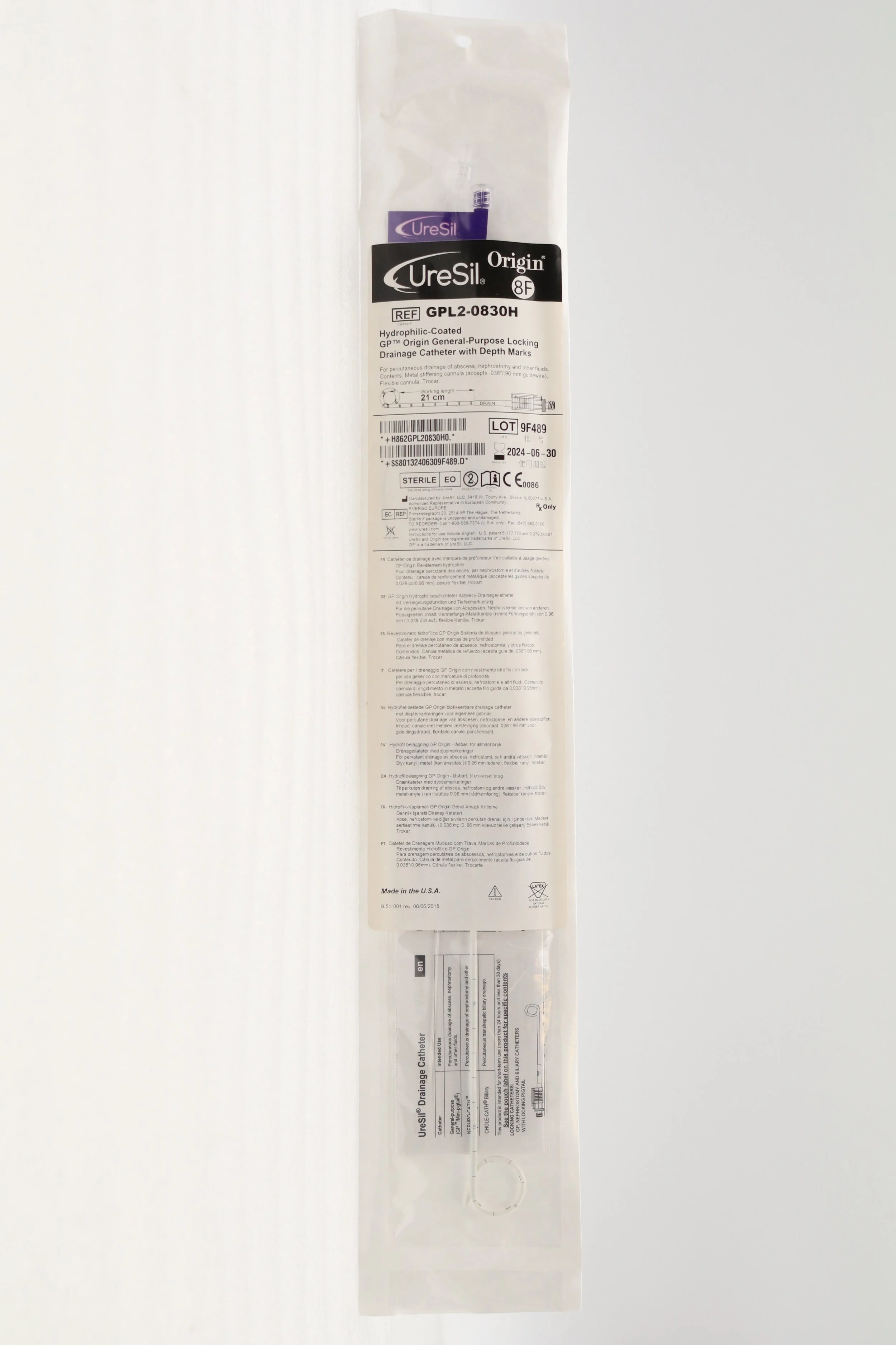 UreSil | GPL2-0830H | EXPIRED | Origin Hydrophilic GP Origin Locking Drainage Catheter, 8F x 21cm