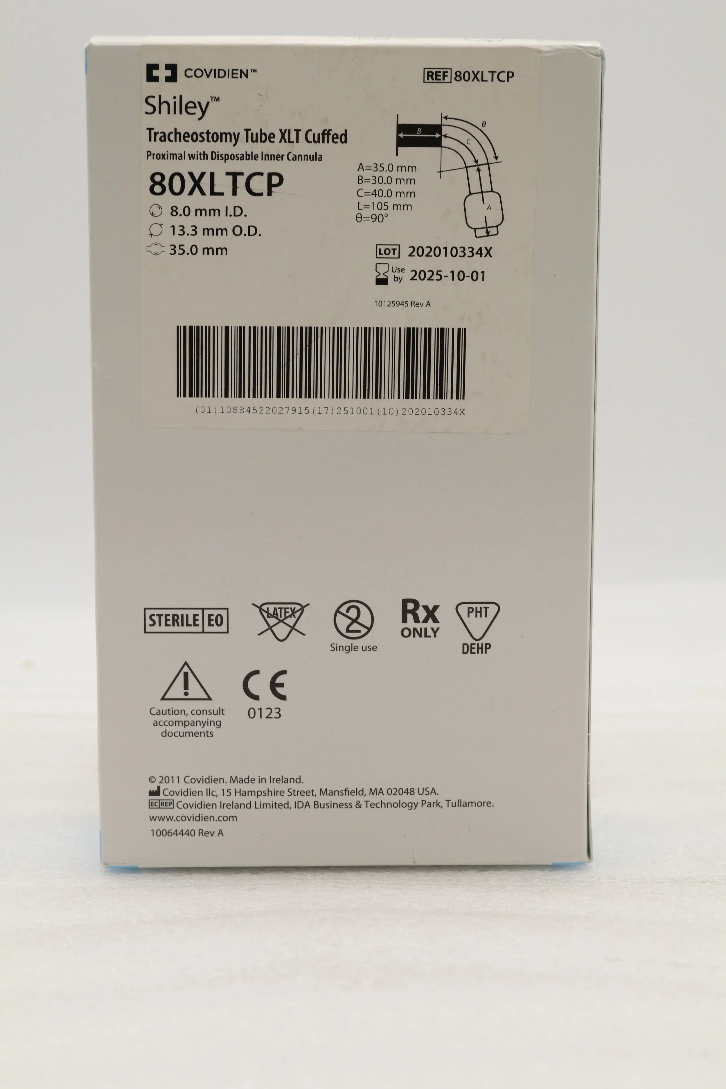 COVIDIEN | 80XLTCP | EACHES | SHILEY TRACHEOSTOMY TUBE XLT CUFFED, PROXIMAL WITH DISPOSABLE INNER CANNULA, 8.0MM I.D., 13.3MM O.D., 35.0MM