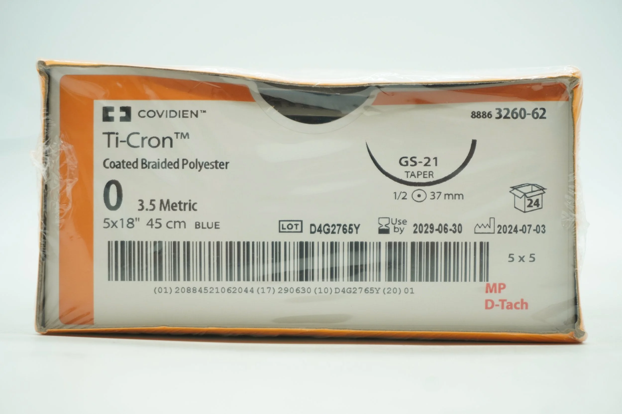 COVIDIEN | 3260-62 | BOX OF 24 | Ti-Cron Coated Braided Polyester 0 3.5 Metric 5x18" 45cm BLUE