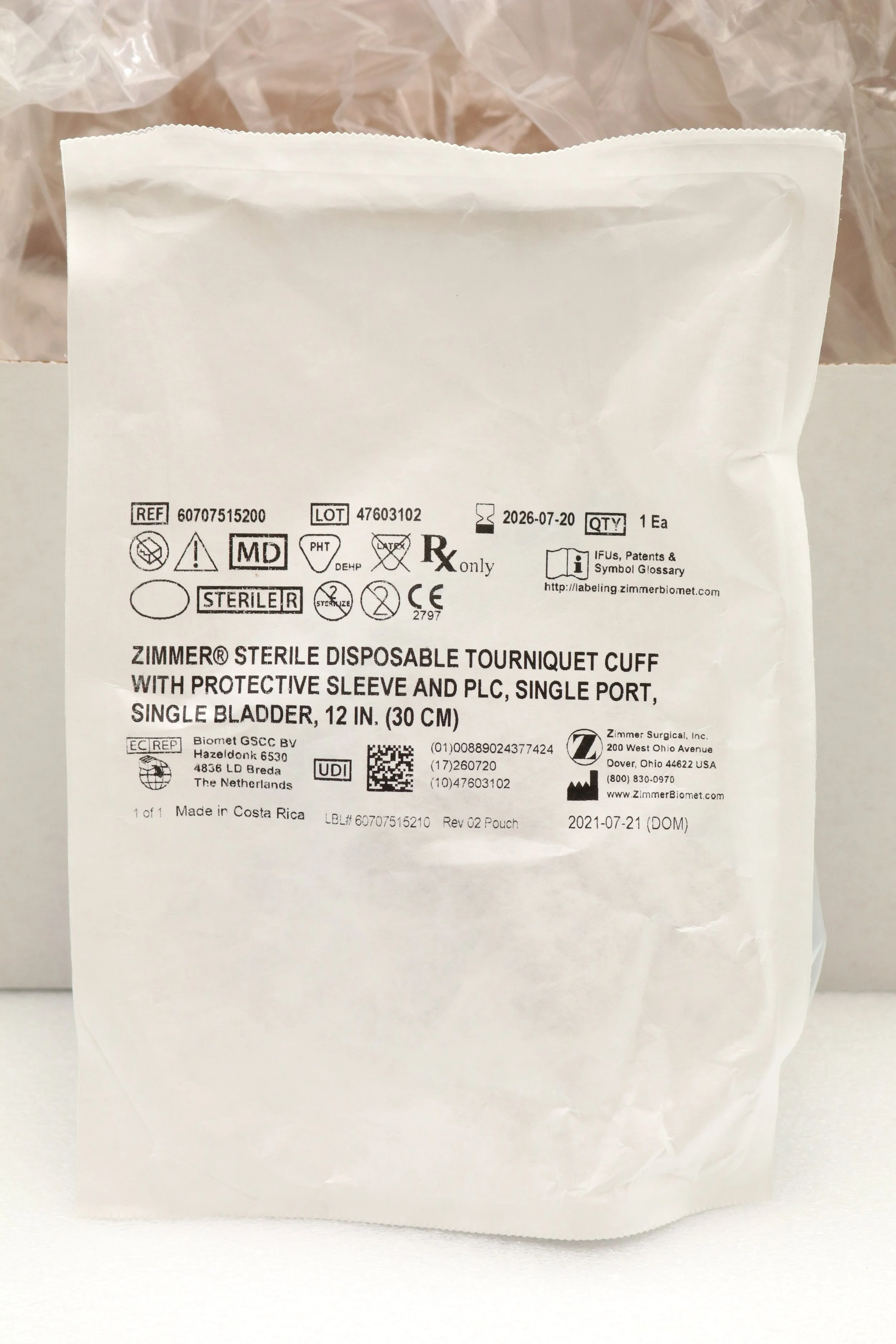 Zimmer | 60707515200 | IN-DATE | BOX OF 5 | 12" Tourniquet Cuff w/Sleeve, Single Port, Single Bladder, PLC