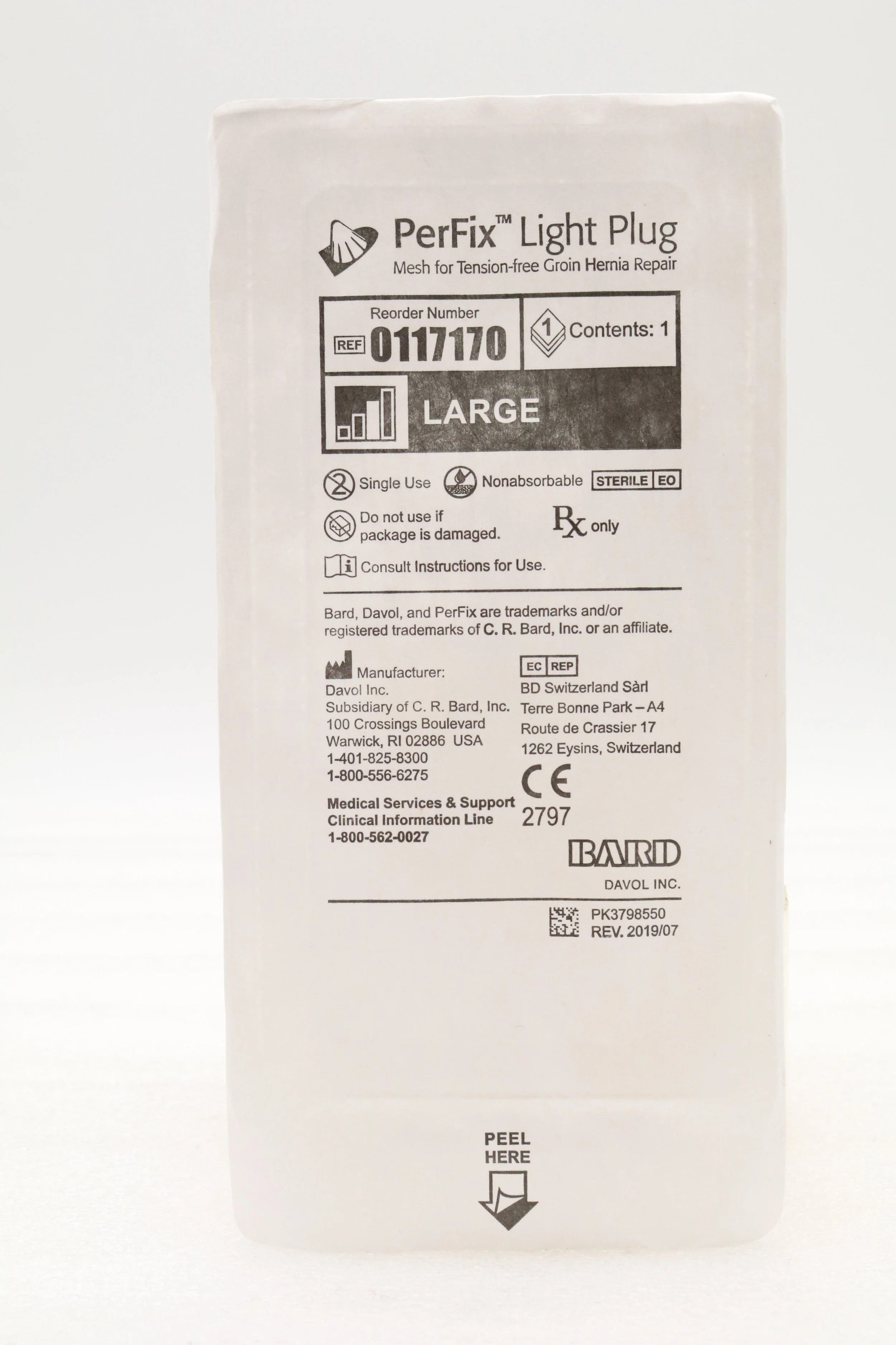 BARD | 0117170 | SHORT DATE | EACHES | DAVOL PERFIX LIGHT PLUG MESH FOR TENSION-FREE GROIN HERNIA REPAIR, LARGE