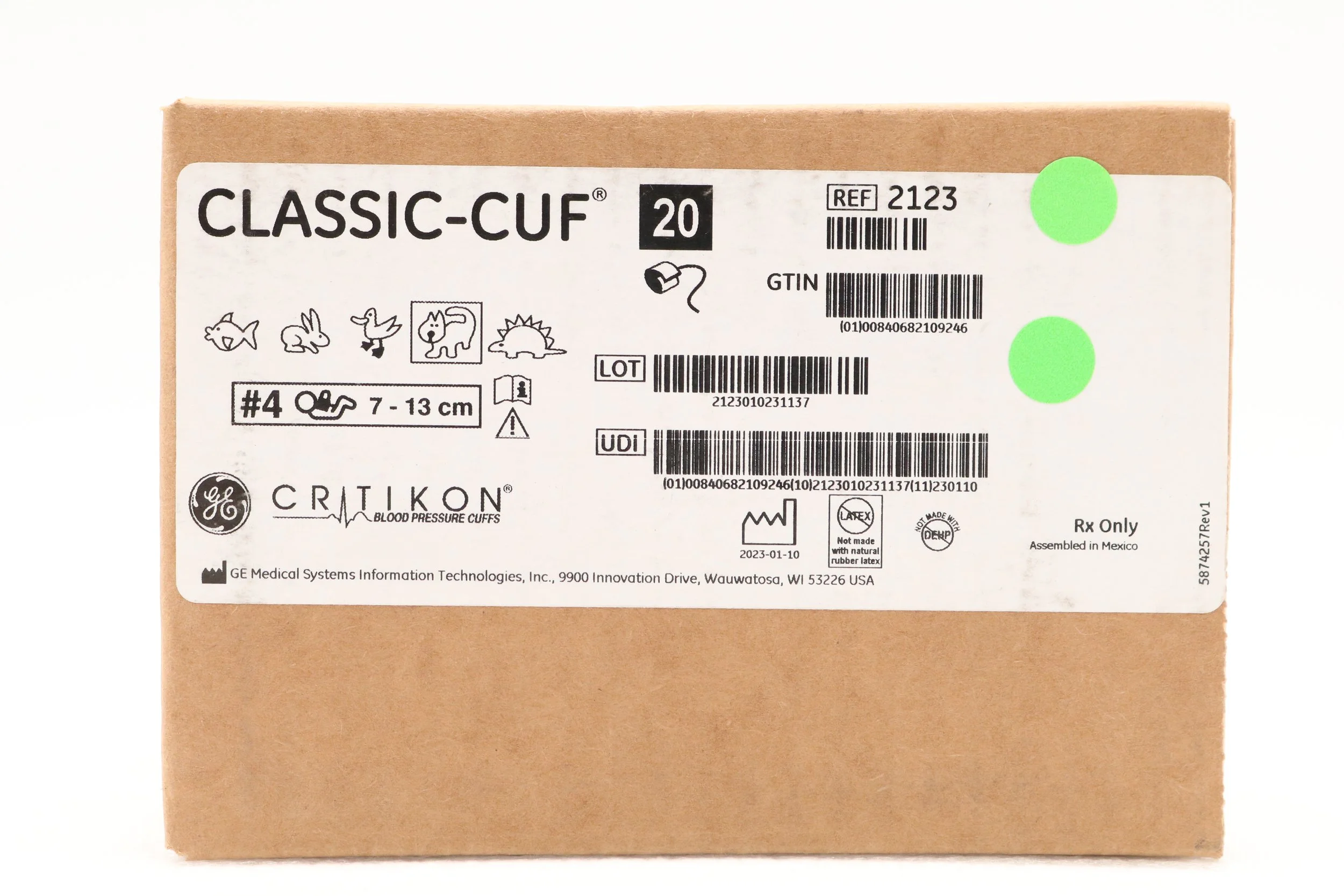 GE | 2123 | BOX OF 20 | CLASSIC-CUF Neonatal Blood Pressure Cuffs Blood Pressure Cuff with 1-Tube Luer Connector, Neonatal Size 4