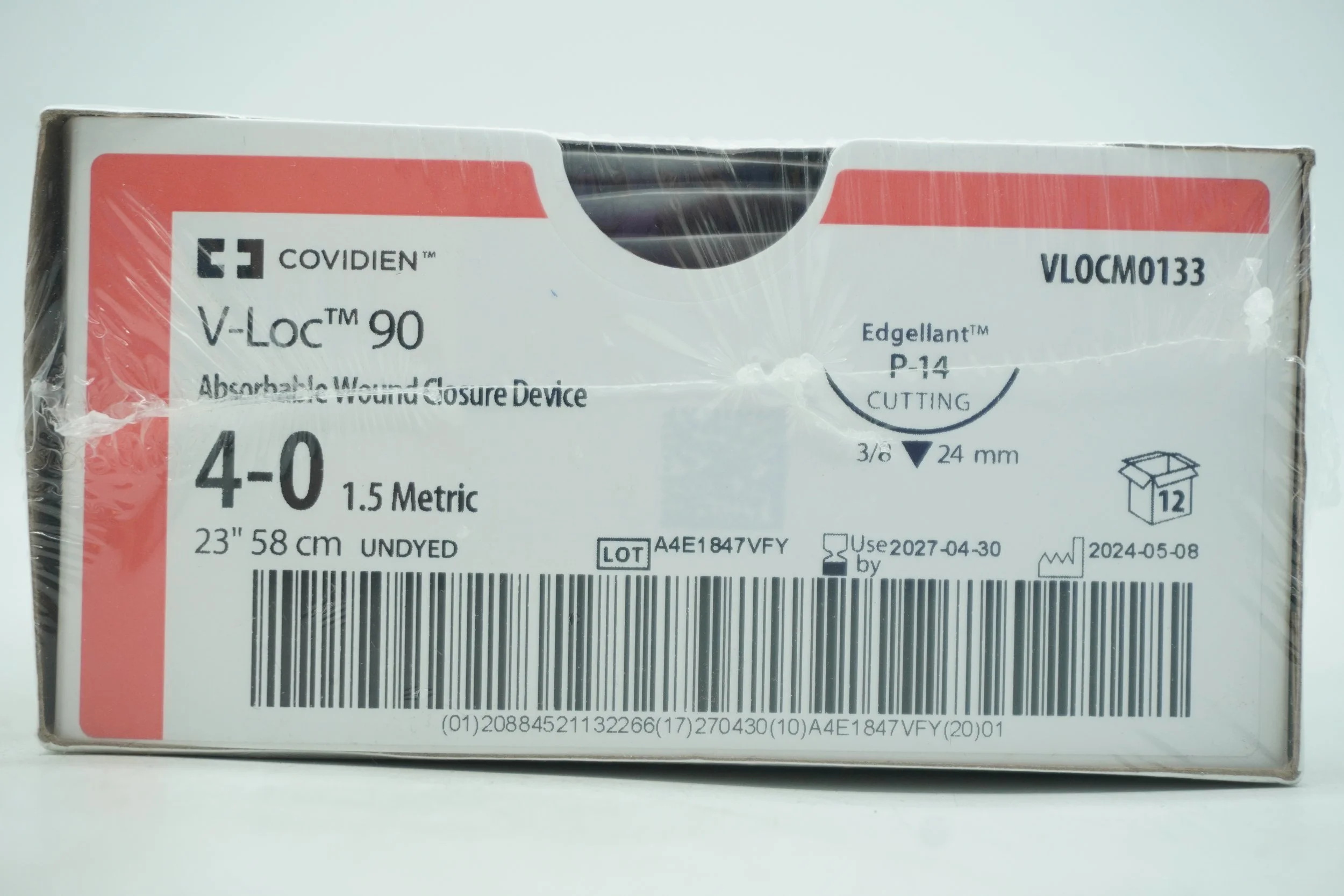 Covidien | VLOCM0133 | In Date | Box of 12 | Wound Closure Device, Size 4-0, 58 cm, Undyed, Polyester, Barbed Monofilament, 3/8 Circle, 19 mm Needle, P-12 Needle