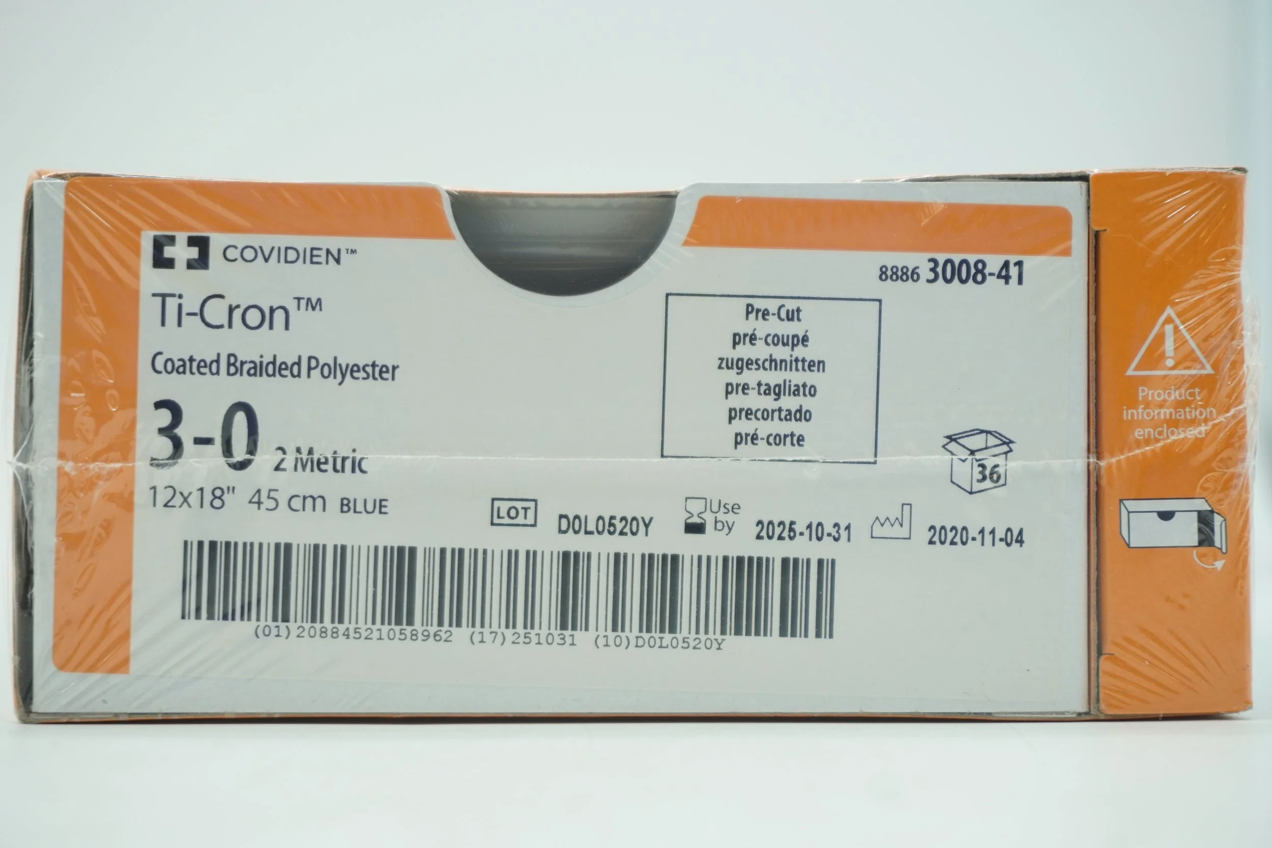 COVIDIEN | 3008-41 | BOX OF 36 | Ti-Cron Coated Braided Polyester 3-0 2 Metric 12x18" 45cm BLUE