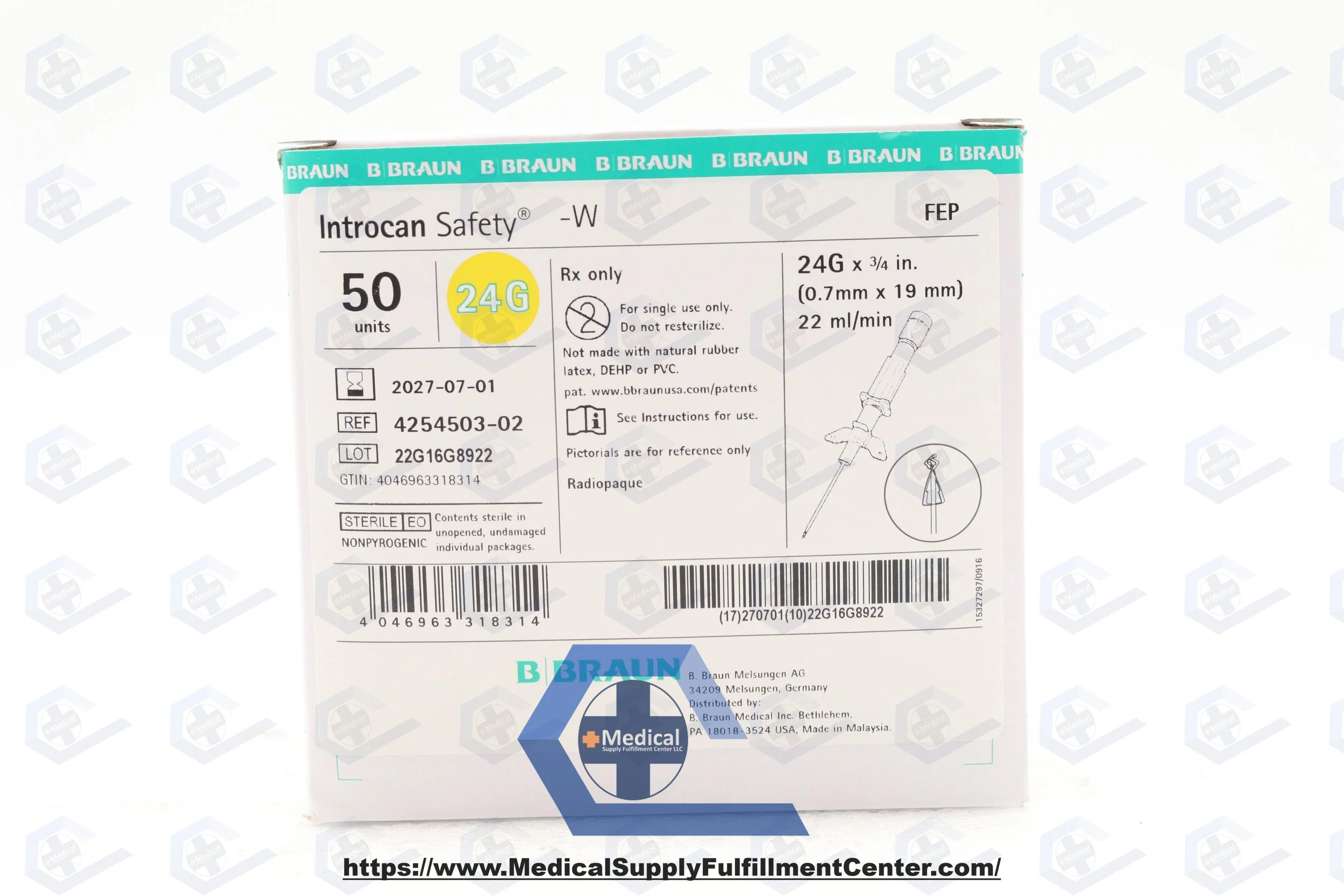 Braun | 4254503-02 | IN-DATE | BOX OF 50 | Introcan Safety IV Catheter 24 Ga. x 0.75 in., FEP, Winged