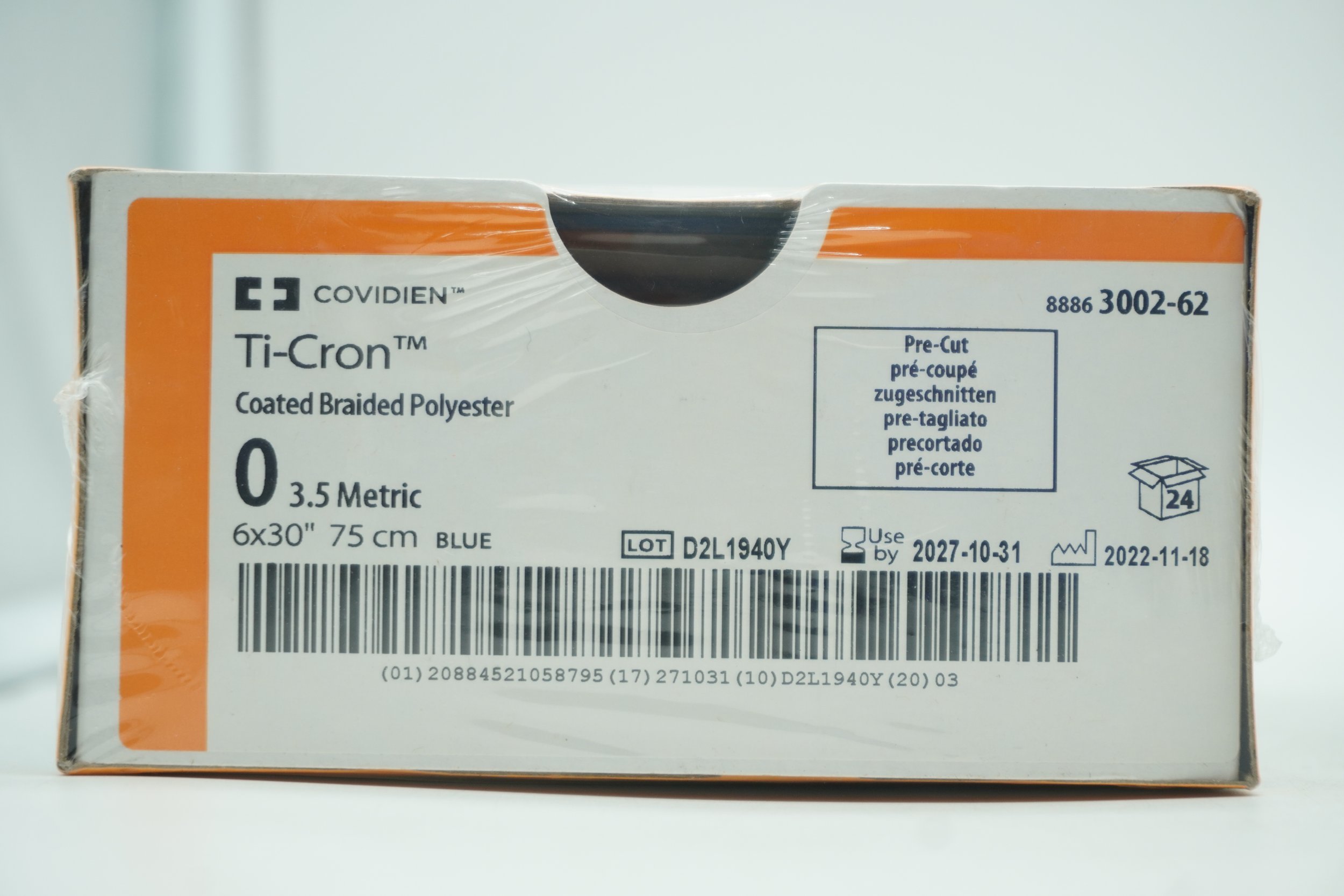 COVIDIEN | 3002-62 | BOX OF 36 | Ti-Cron Coated Braided Polyester 0 3.5 Metric 6x30" 75cm BLUE