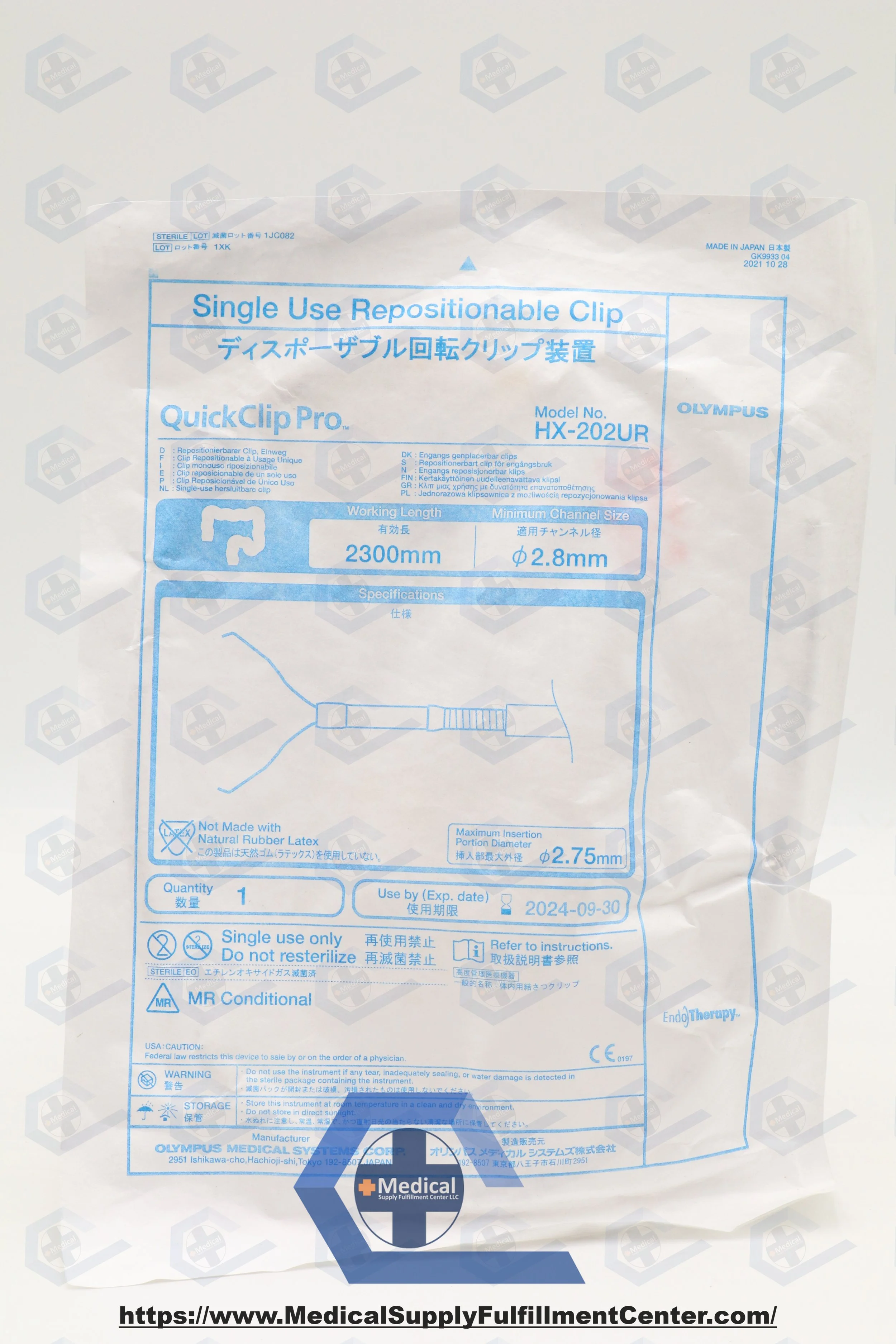 Olympus | HX-202UR | EXPIRED | EACHES | QuickClip Pro Single Use Repositionable Clip, 2300 mm Working Length, 2.8 mm Minimum Working Channel Diameter, 10 mm Arm Length, Rotatable Type, 11 mm Clip Open