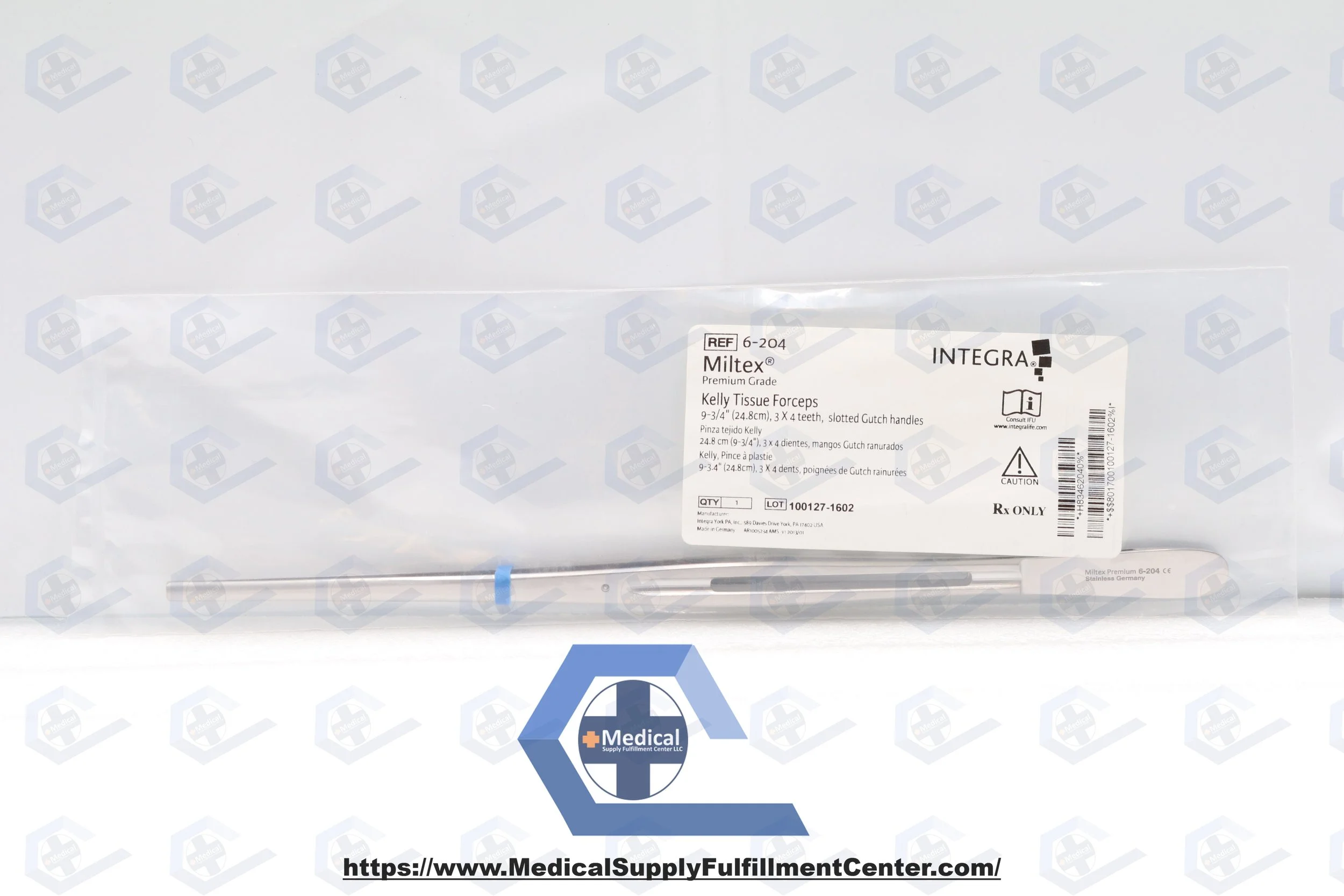 Integra | 6-204 | NO DATE | Eaches | MILTEX KELLY Tissue Forceps 3 X 4 teeth, 9-3/4" (246.5mm), slotted Gutch handles