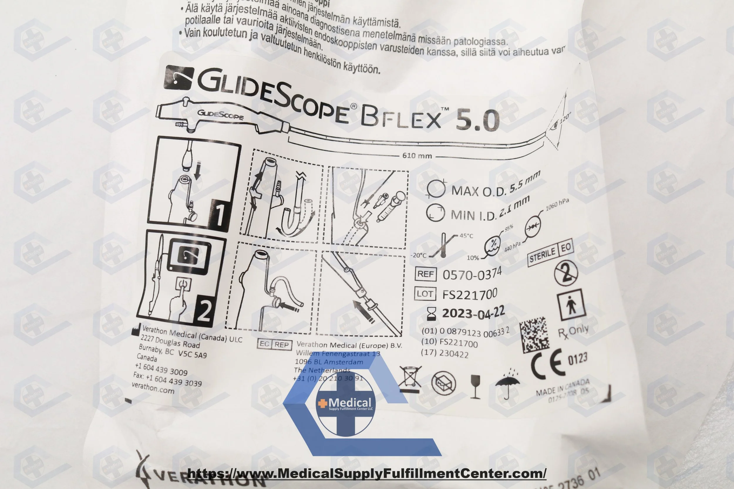 Verathon | 0570-0375 | EXPIRED | BOX OF 5 | GlideScope Bflex 5.0 Single-Use Bronchoscope