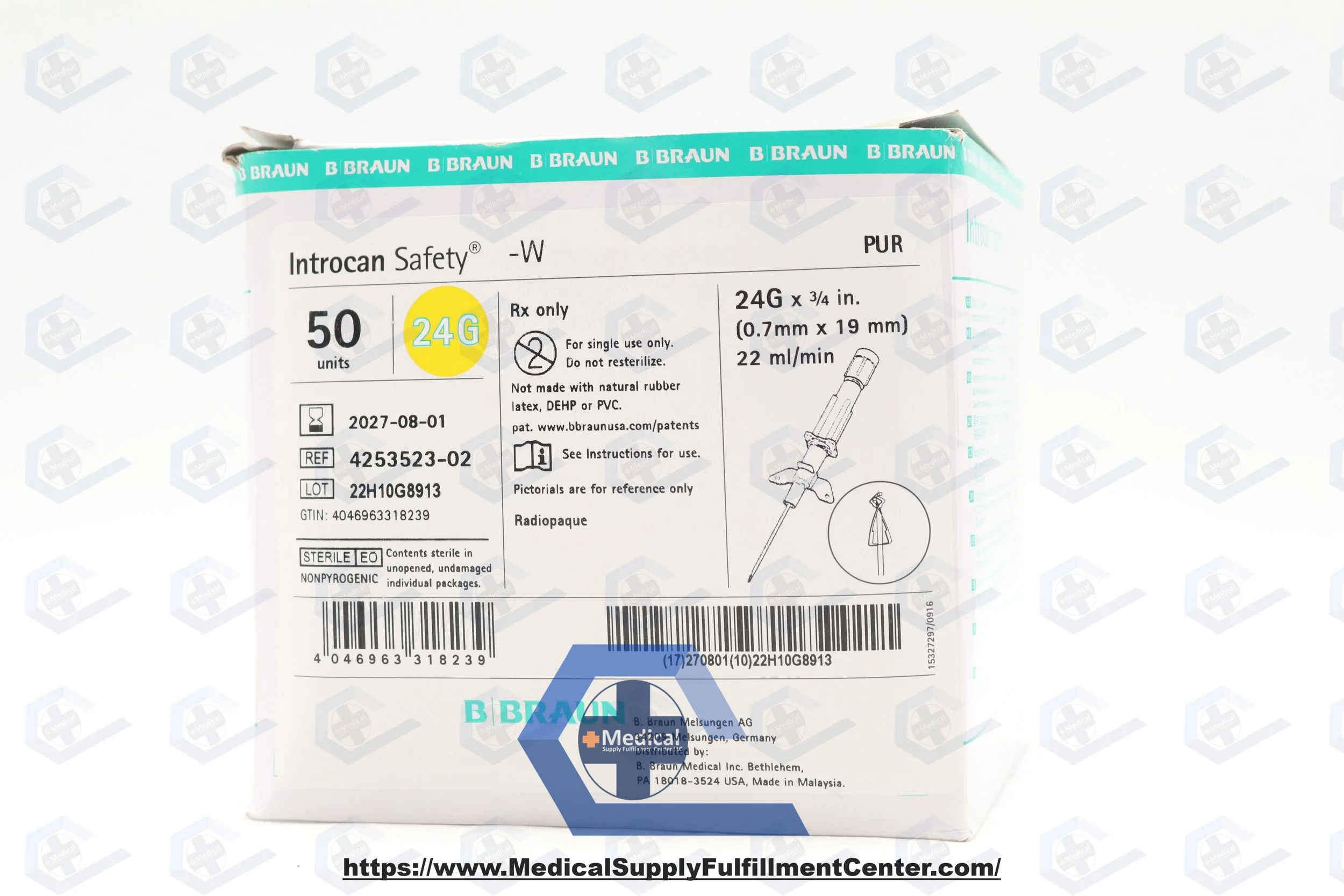 Braun | 4253523-02 | IN-DATE | BOX OF 50 | Catheter IV Introcan Safety Safety 24gx3/4" With Wings Yellow
