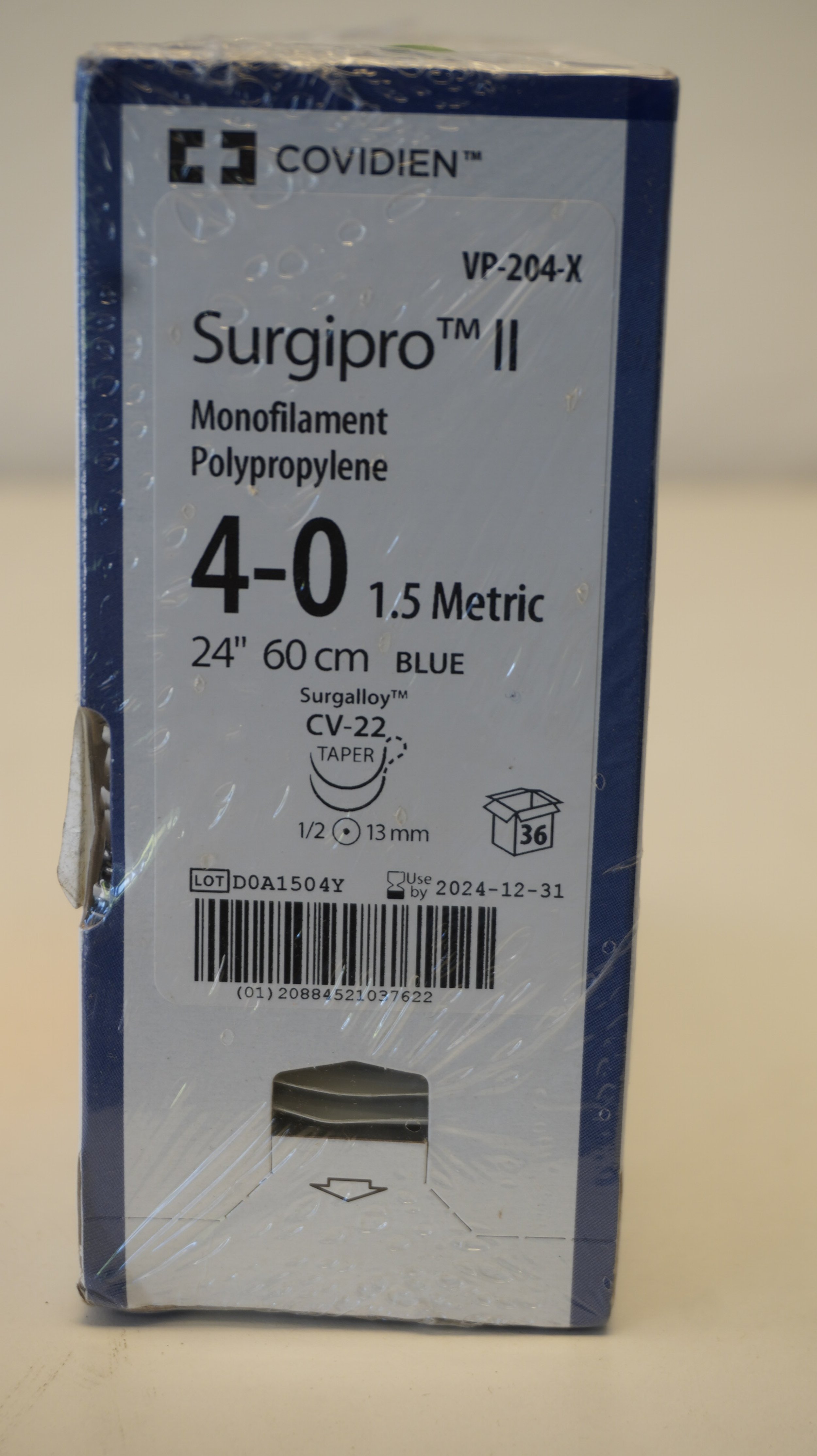 COVIDIEN | VP-204-X | SHORTDATE | PACK of 36/pc | Surgipro II Monofilament Polypropylene 4-0 1.5 Metric 24" 60cm BLUE
