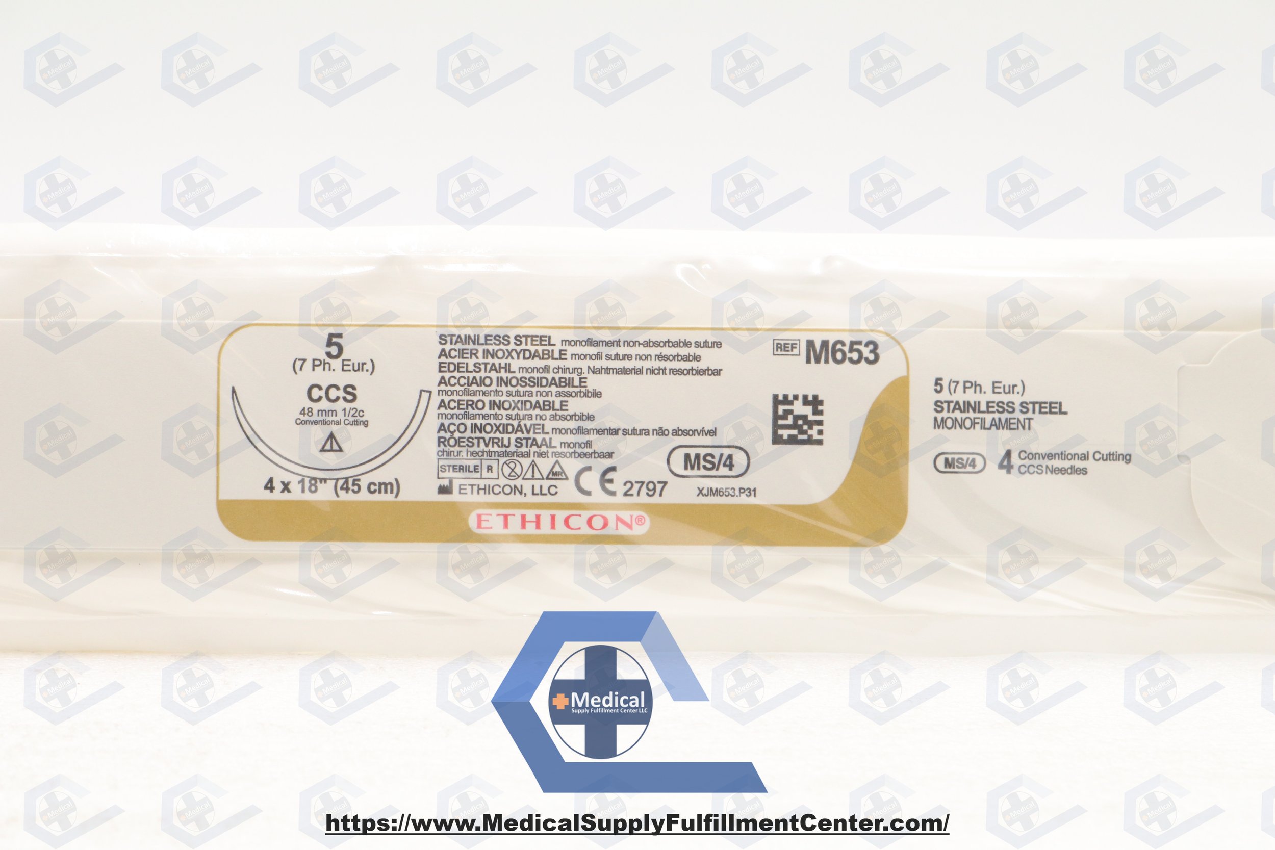 Ethicon | M653 | Eaches | Stainless Steel Monofilament Non-absorbable Suture 5 CCS 48mm Conventional Cutting MS/4 Sutures