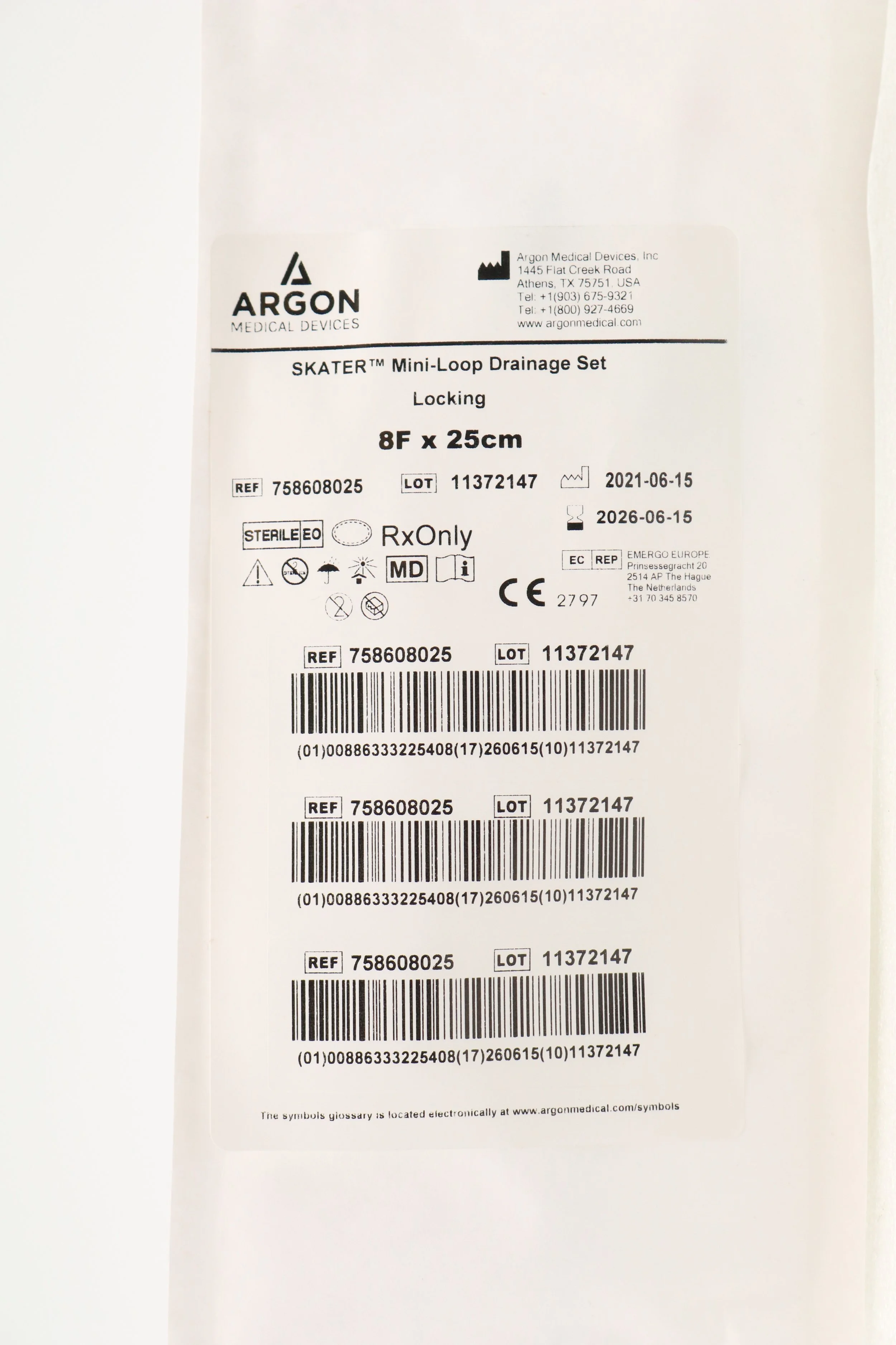 ARGON MEDICAL | 758608025 | IN-DATE | BOX OF 5 | SKATER Mini-Loop Drainage Catheter accepts up to .035in 8F 25cm Locking
