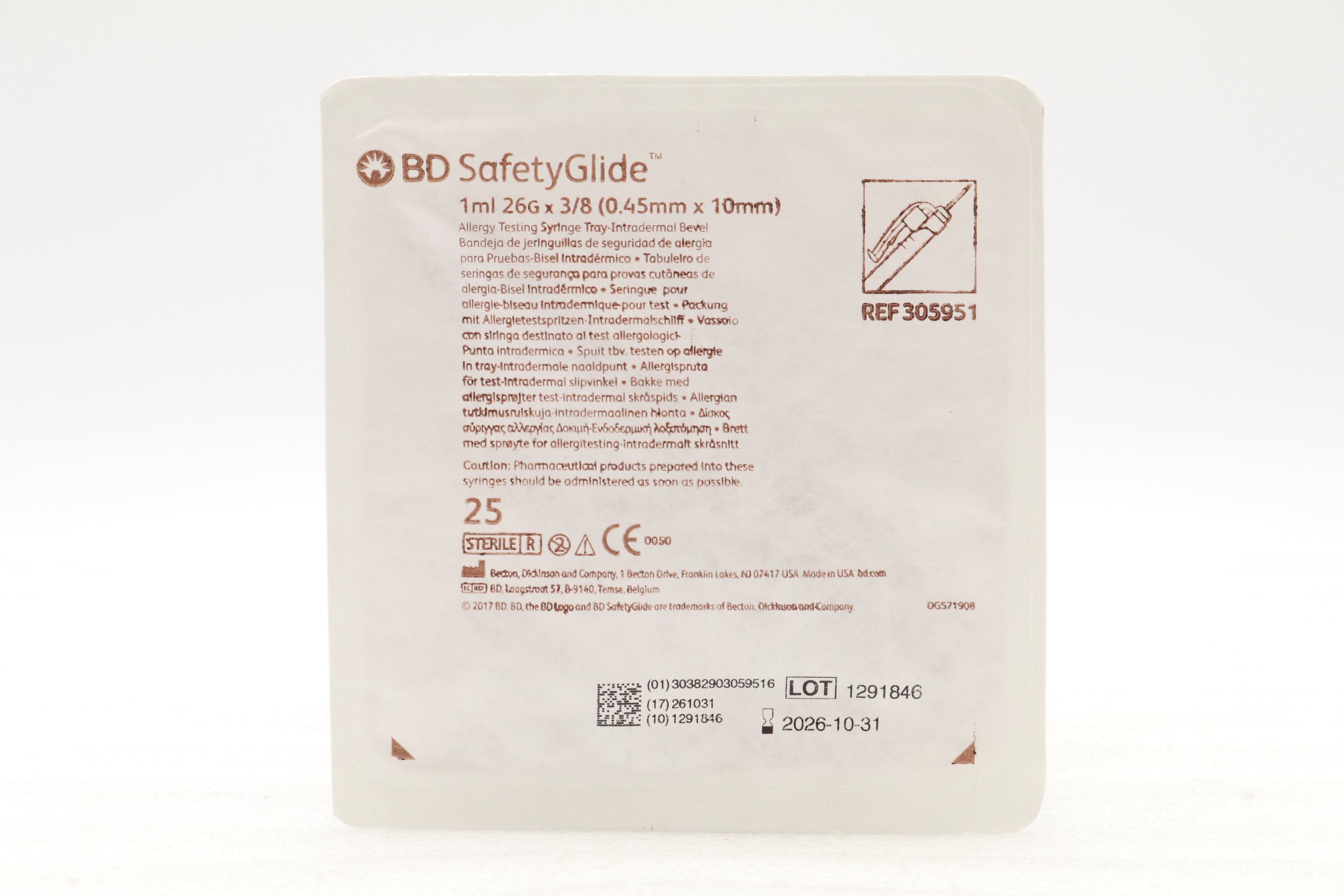 BD | 305951 | IN-DATE | EACHES | SafetyGlide Allergist Tray, 1mL with 26 G x 3/8" Permanently Attached Intradermal Bevel Needle 25/tray