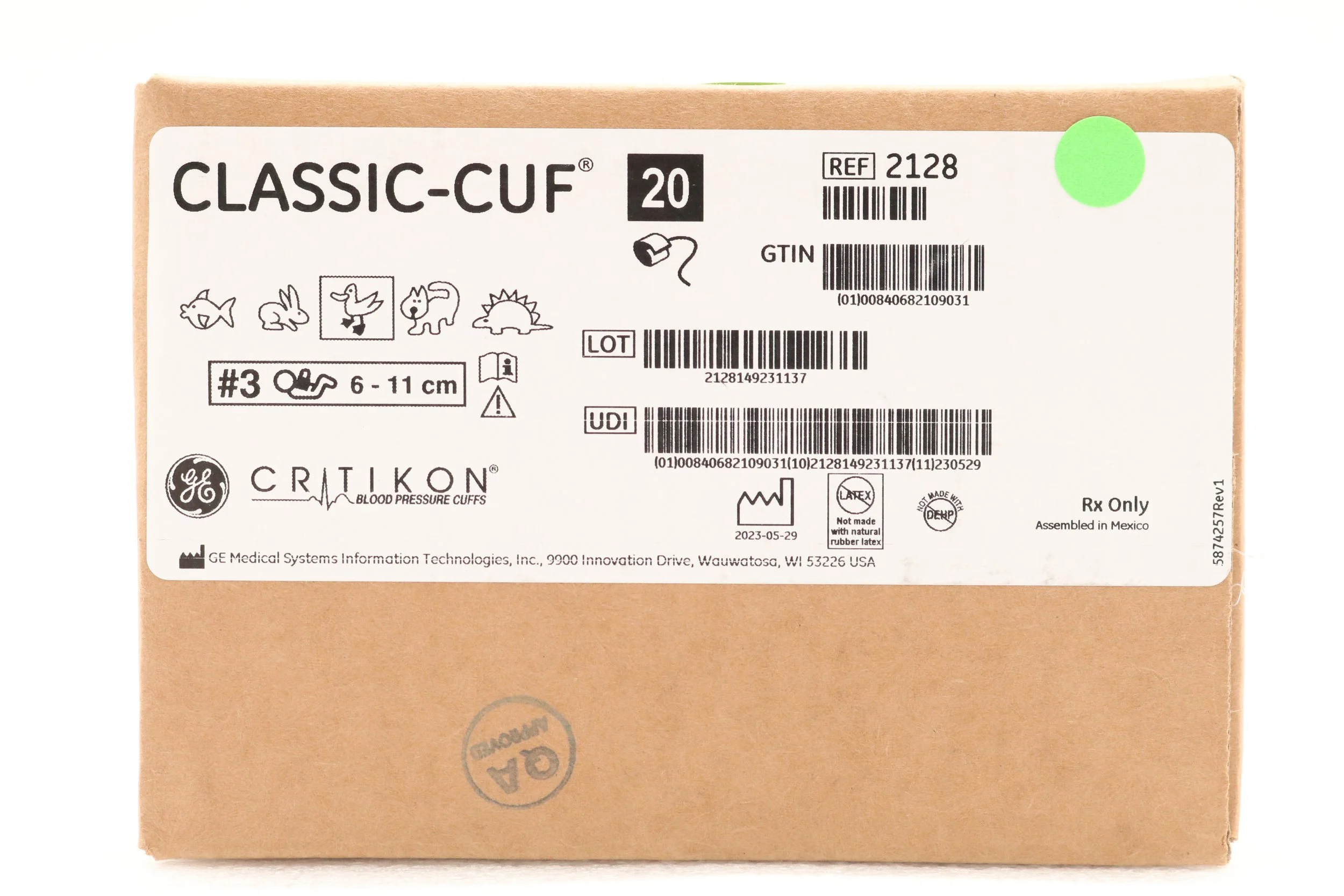 GE Healthcare | 2128 | BOX OF 20 | CUFF CLASSIC BP 1-TUBE NEONATAL MALE WHITE