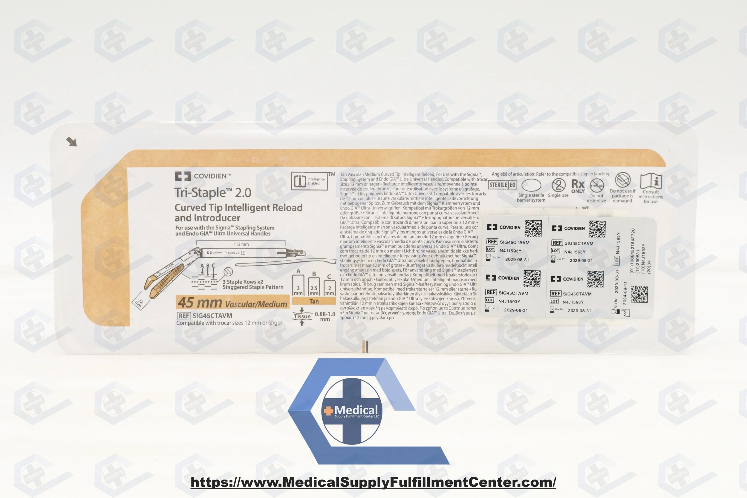 Covidien | SIG45CTAVM | In Date | Eaches | Reload, 45 mm Size, Tan, Titanium (Staples), Curved TipVascular/Medium, Tissue Thickness, Tri-Staple Staple Technology, Sterile, Single-Use