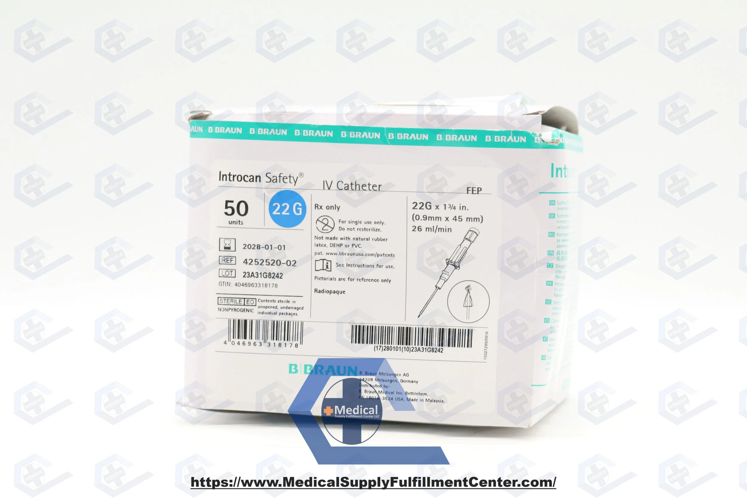 Braun | 4252520-02 | IN-DATE | BOX OF 50 | Introcan Safety IV Catheter 22G x 1.75" FEP, Straight