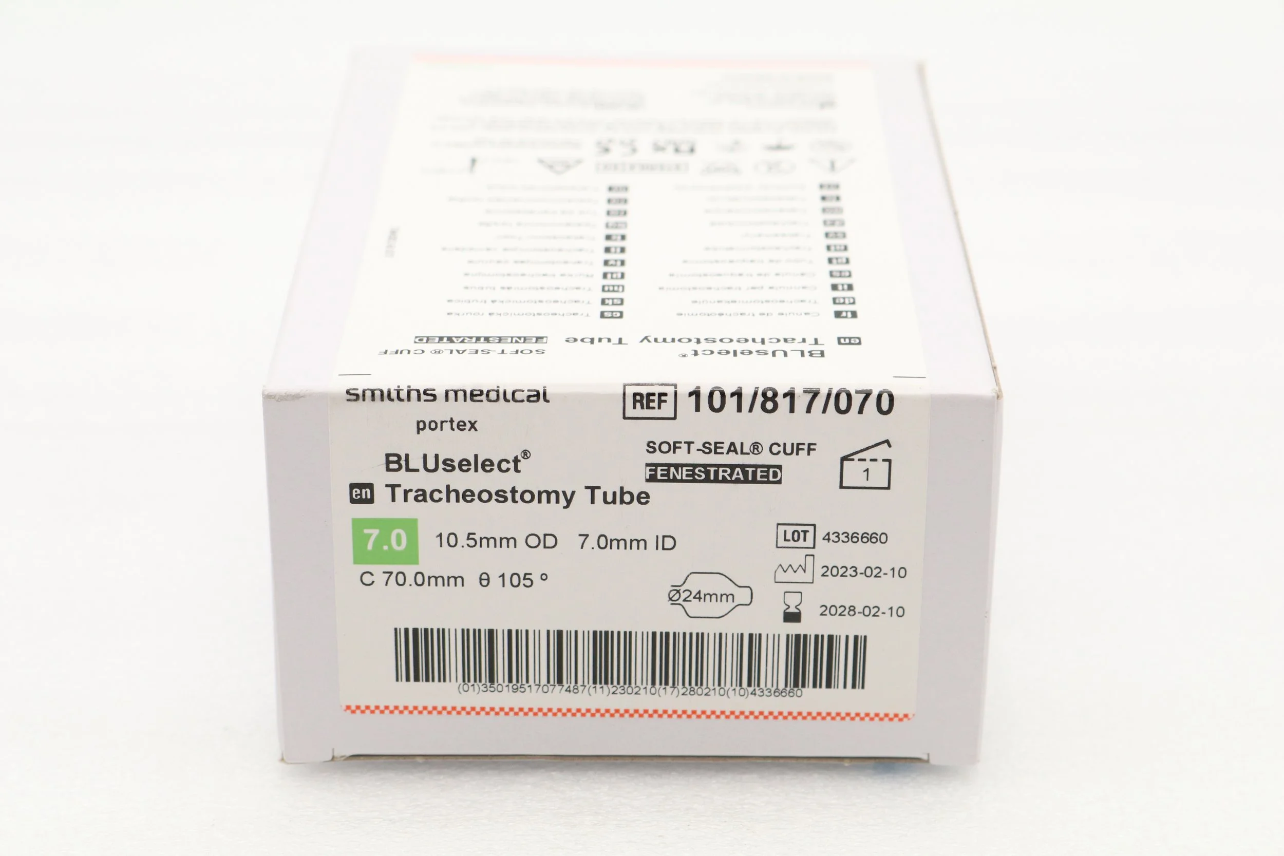 Smiths Medical | 101/817/070 | IN-DATE | BOX OF 1 | Tracheostomy Tube, 7.0, Cuffed, with Wedge and Decan Cap, Fenestrated, PVC