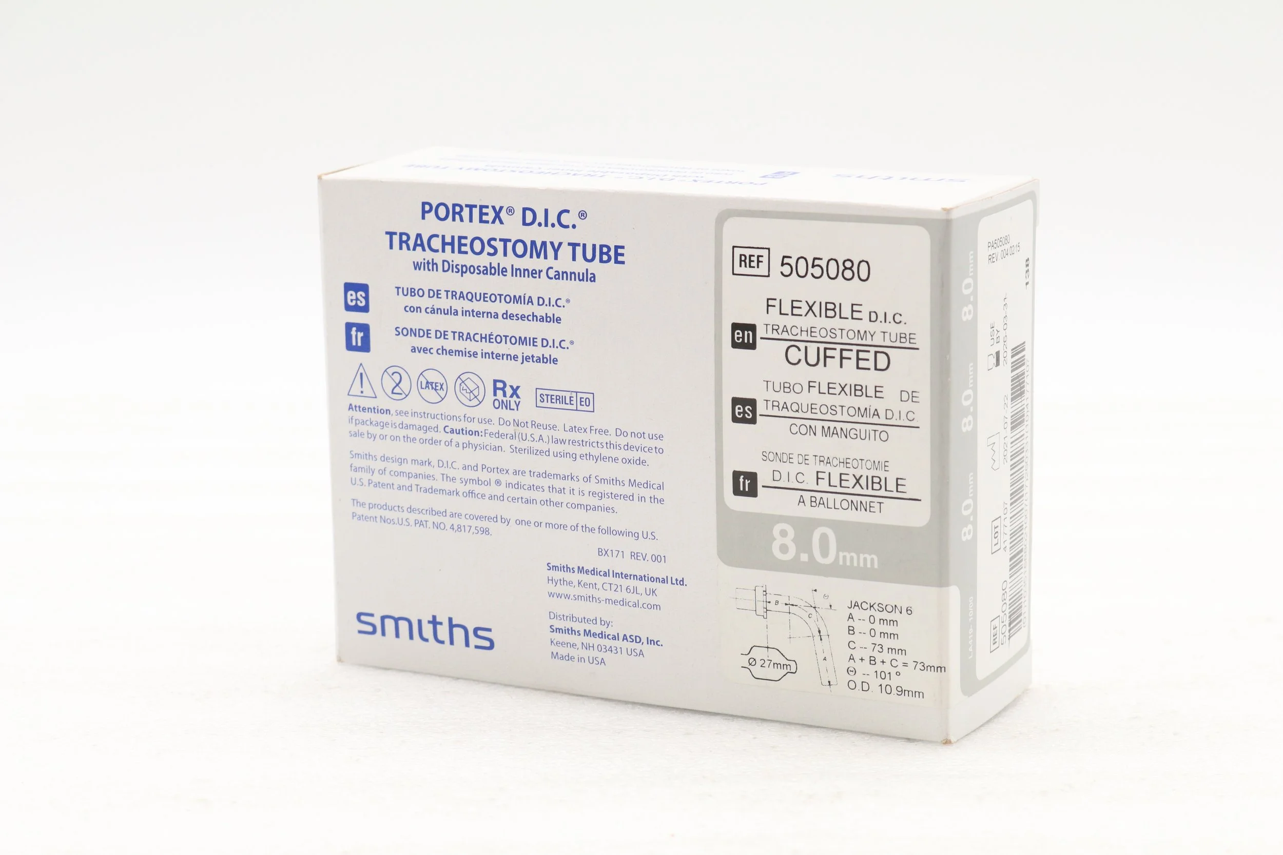 Smiths Medical | 505080 | IN-DATE | EACHES | TUBE TRACHEOSTOMY SIZE 8MM CUFFED 73MM SILICONIZED PVC FLEXIBLE NECK FLANGE WHITE 15MM