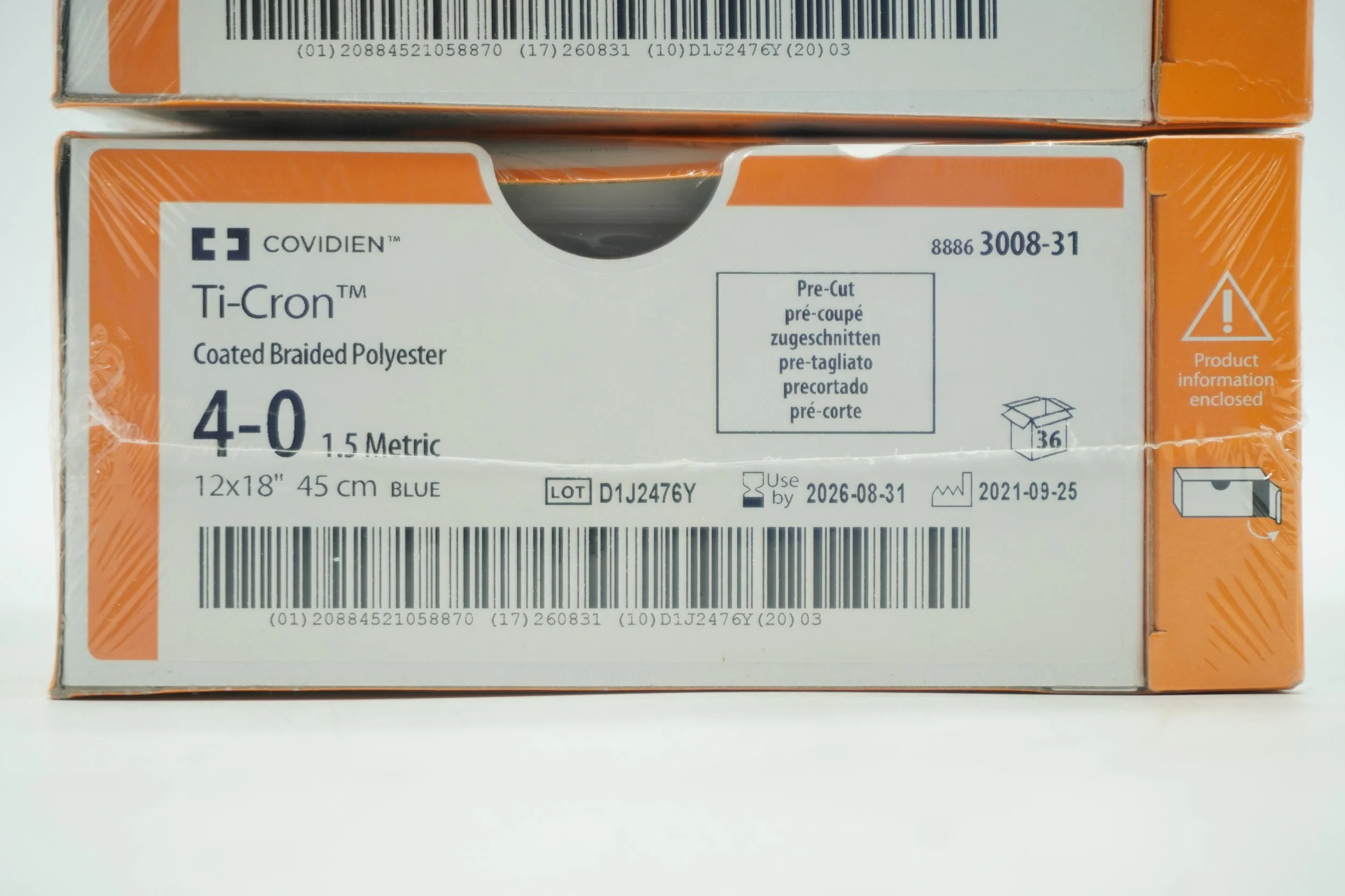 COVIDIEN | 3008-42 | BOX OF 36 | Ti-Cron Coated Braided Polyester 4-0 1.5 Metric 12x18" 45cm BLUE