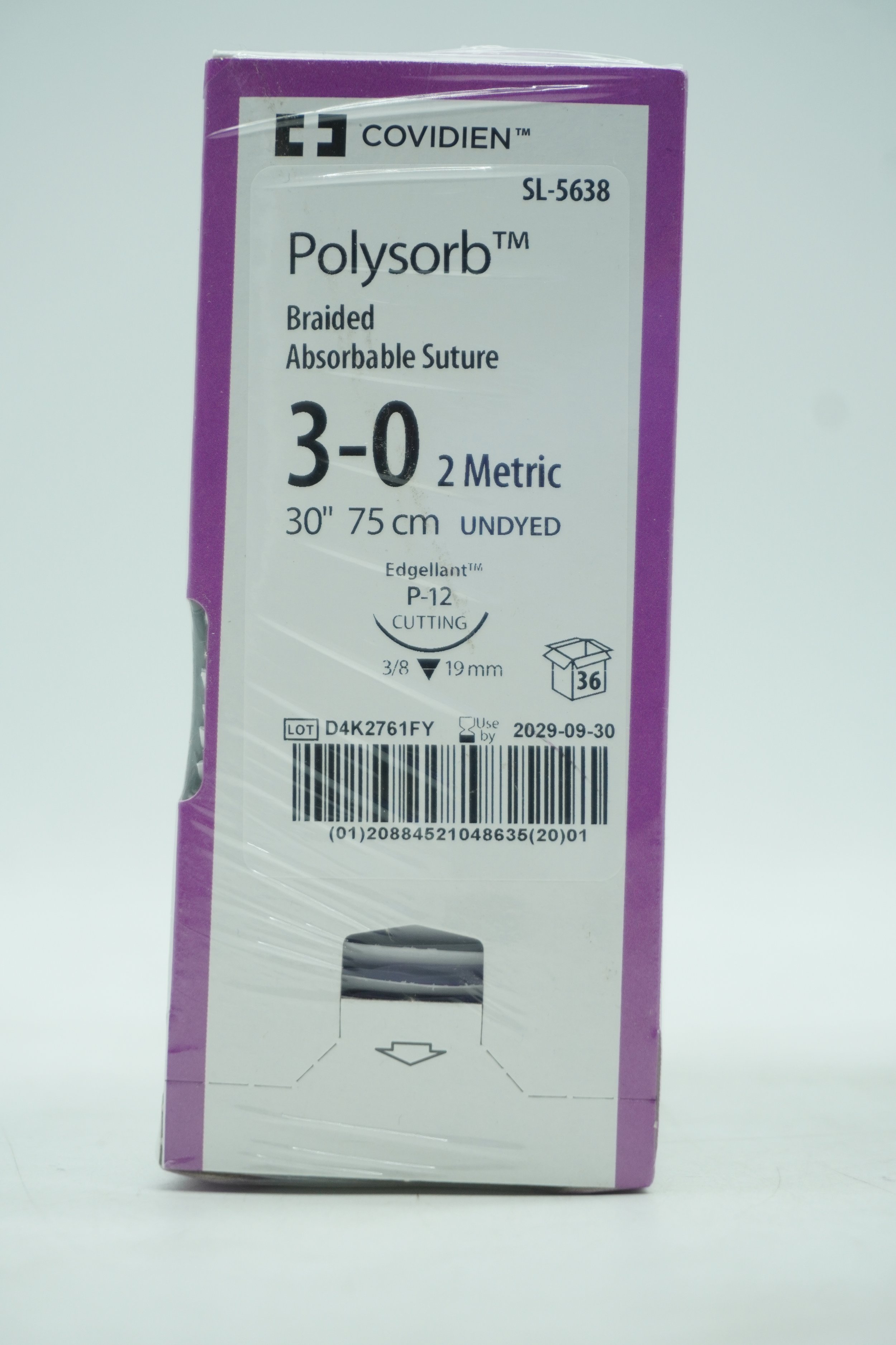 COVIDIEN | SL-5638 | Box of 36 | Polysorb Braided Absorbable Suture 4-0 1.5 Metric 30" 75cm UNDYED