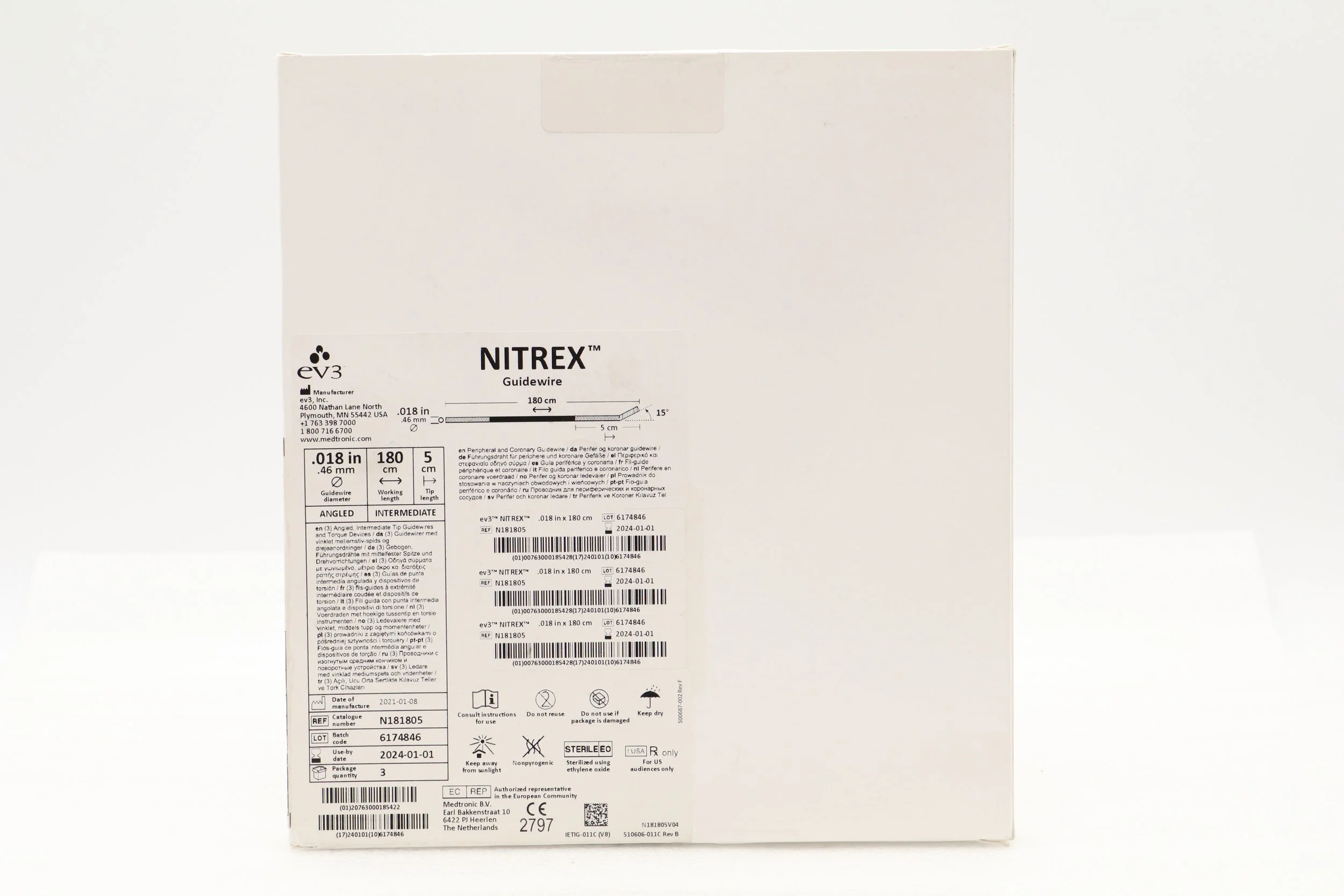 ev3 | N181805 | EXPIRED | BOX OF 3 | Nitrex Guidewire: 0.018" x 180cm, Angled