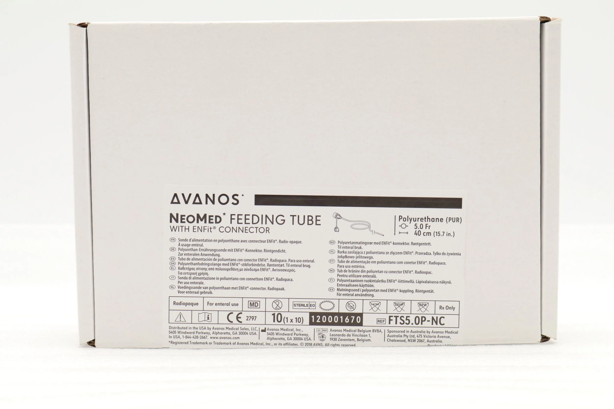 Avanos Medical | FTS5.0P-NC | SHORTDATE | BOX OF 10 | NeoConnect Polyurethane Enteral Feeding Tube with ENFit Connector, Radiopaque Stripe, Orange, 5.0 Fr, Length 40 cm