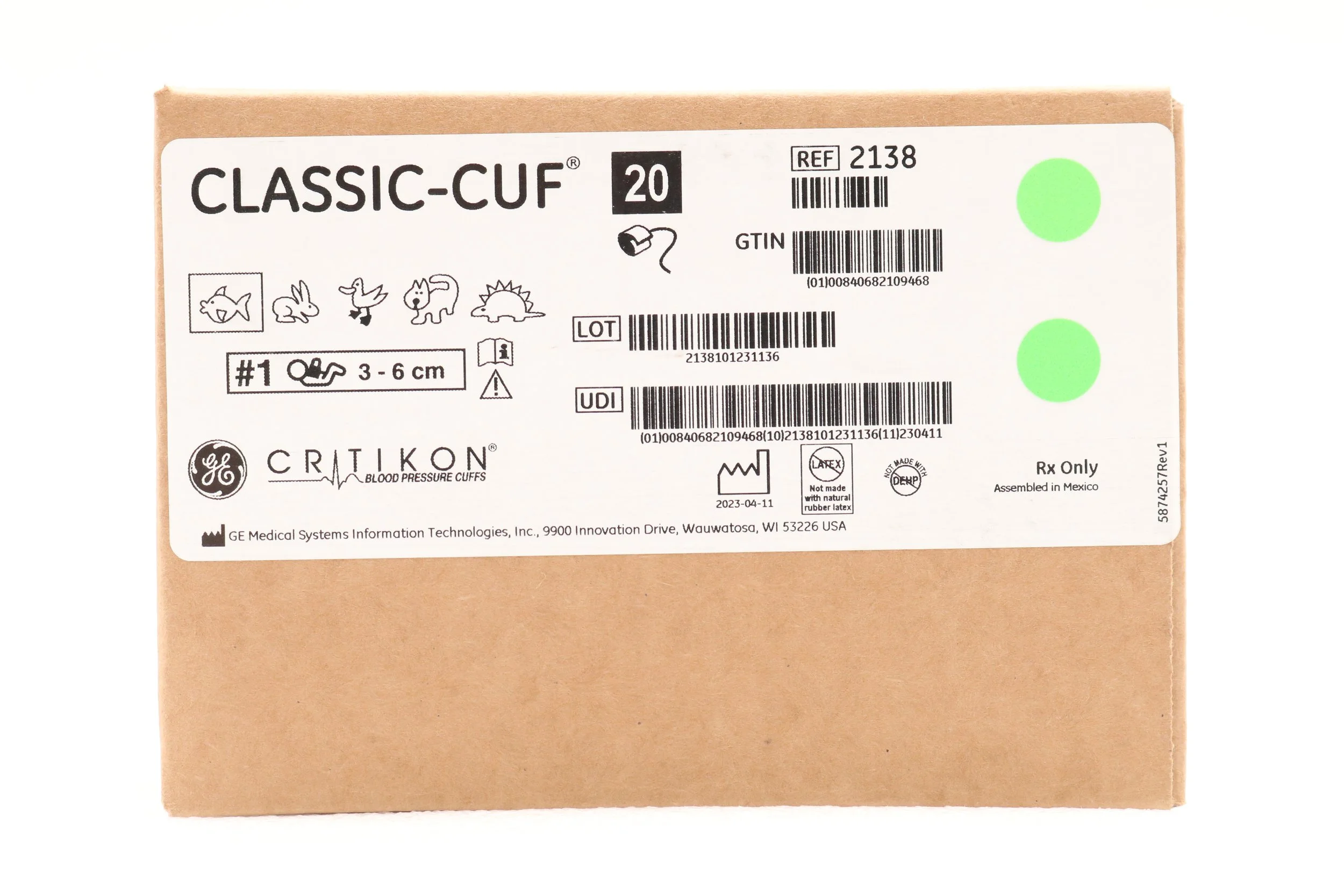 GE Healthcare | 2138 | BOX OF 20 | CUFF, BP, CLASSIC-CUF, NEO#1, 1TB, WHIT, DISP