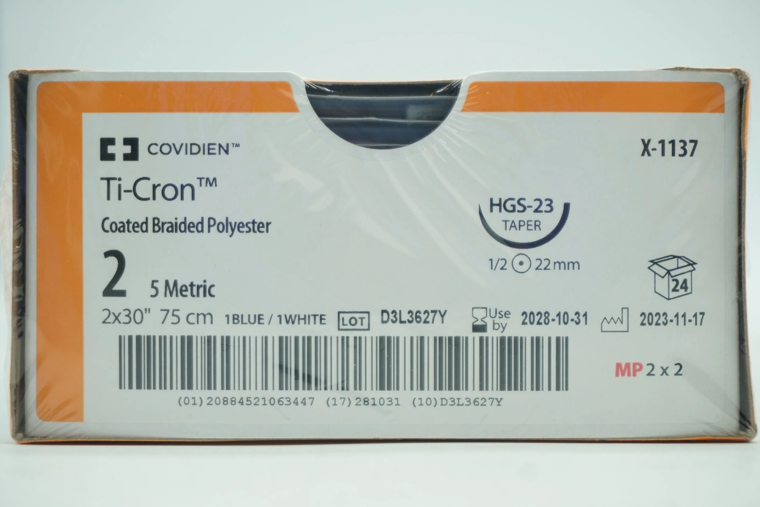 COVIDIEN | X-1137 | IN-DATE | BOX OF 24 | Ti-Cron Coated Braided Polyester 2 5 Metric 2x30" 75cm
