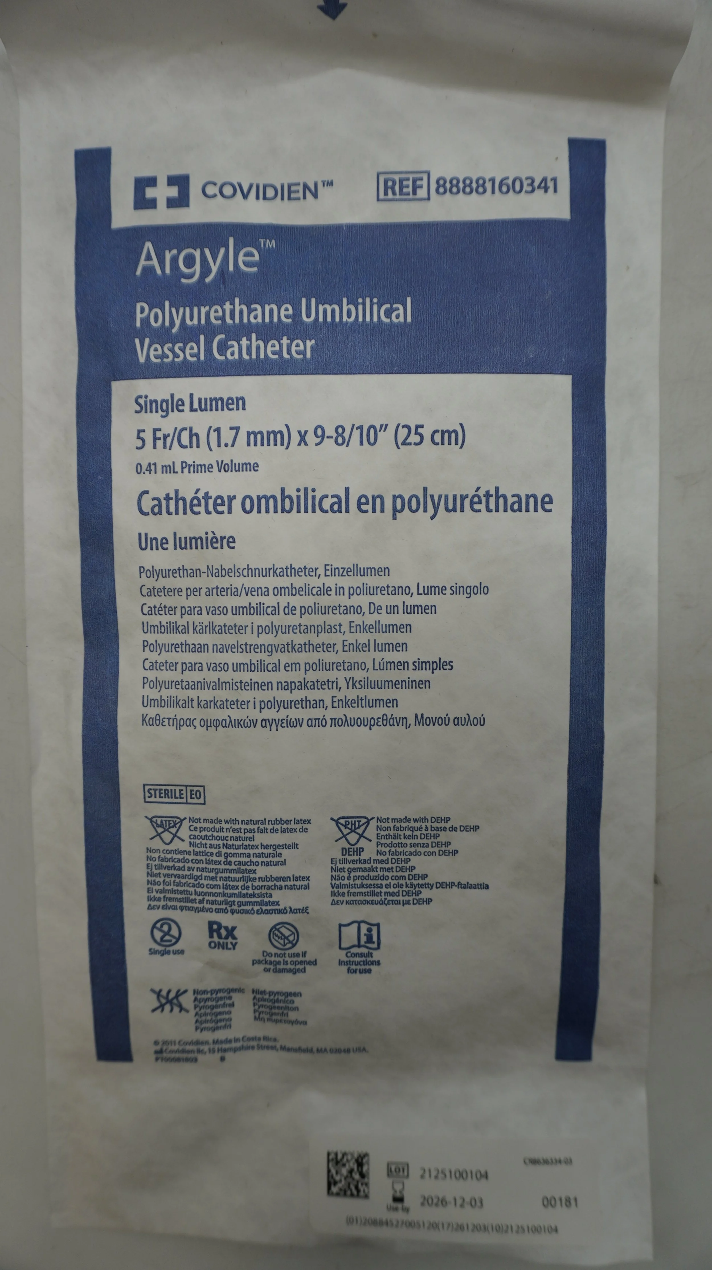 COVIDIEN | 8888160341 | Case of 10 | Argyle Polyurethane Ubilical Vessel Catheter 5 Fr/Ch
