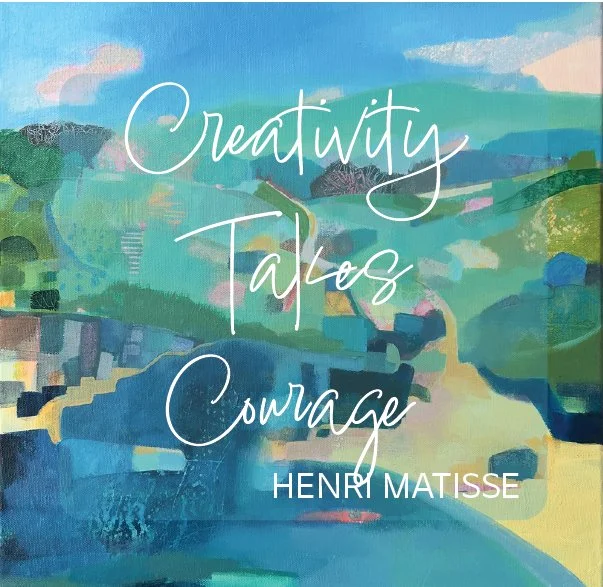 Book cover titled 'Creativity Takes Courage' by Henri Matisse, featuring a colorful, abstract landscape painting with hills, buildings, and a sky.