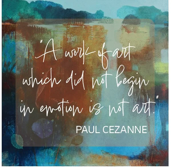 Abstract art background with a quote by Paul Cezanne: 'A work of art which did not begin in emotion is not art.'