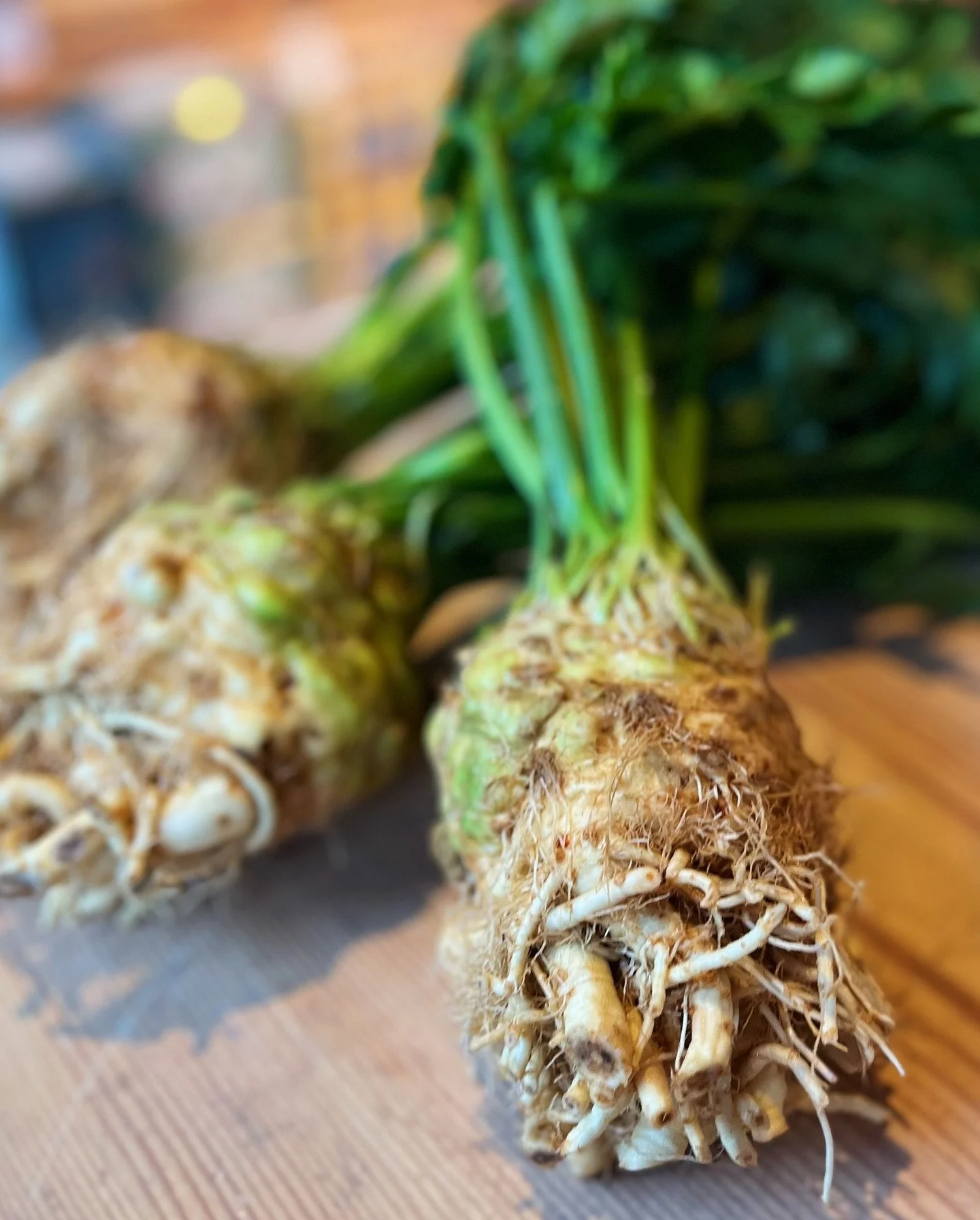 Celeriac! With tops!

If you&rsquo;ve shied away from this rustic looking root for fear you simply don&rsquo;t know how to use it&hellip;.lets talk about it.

Preparation!
A sharp knife is all you need to remove the tough, knotty skin of this root to