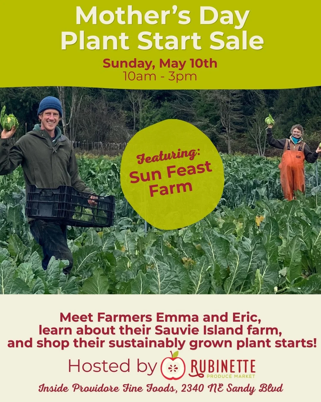 🌱We&rsquo;re hosting a Plant Start Sale!🌱
🍅Sunday, May 10th🍅
🌻10am-3pm🌻
Inside @providorepdx (2340 NE Sandy)

Please come give our friends Emma and Eric of Sun Feast Farm a warm welcome! They&rsquo;ll be on-hand to share their wealth of about g