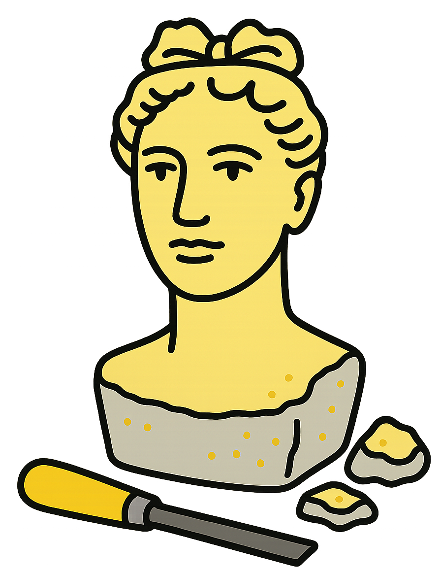 Cartoon illustration of a woman with a bun hairstyle, wearing a white top with yellow dots, with soap and a brush in front of her, set against a dark, colorful background.
