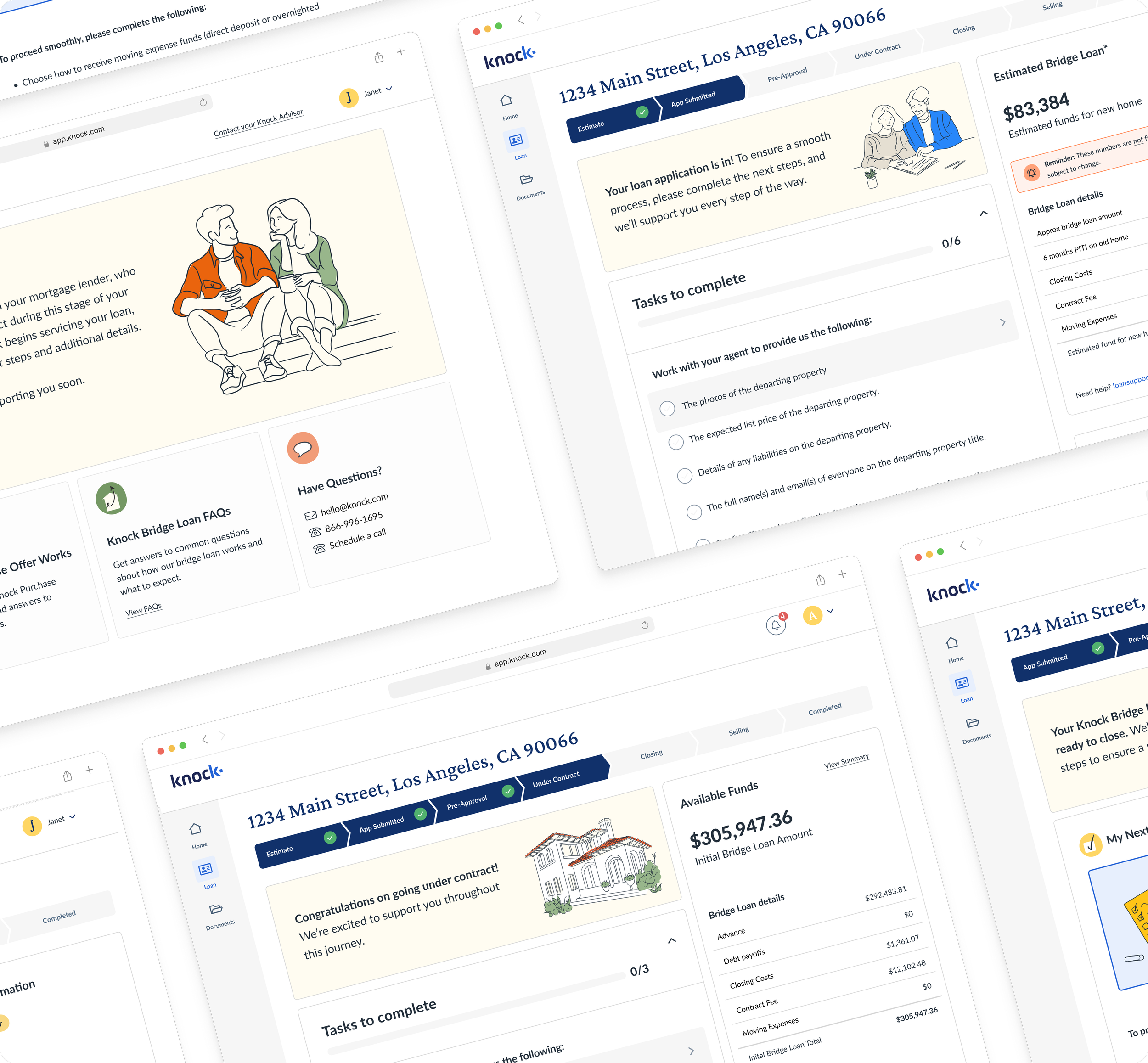 Multiple screenshots of an online mortgage application process on a website named 'Knock', showing steps from estimate submission to loan approval and details of a specific property at 1234 Main Street, Los Angeles, CA 90066.