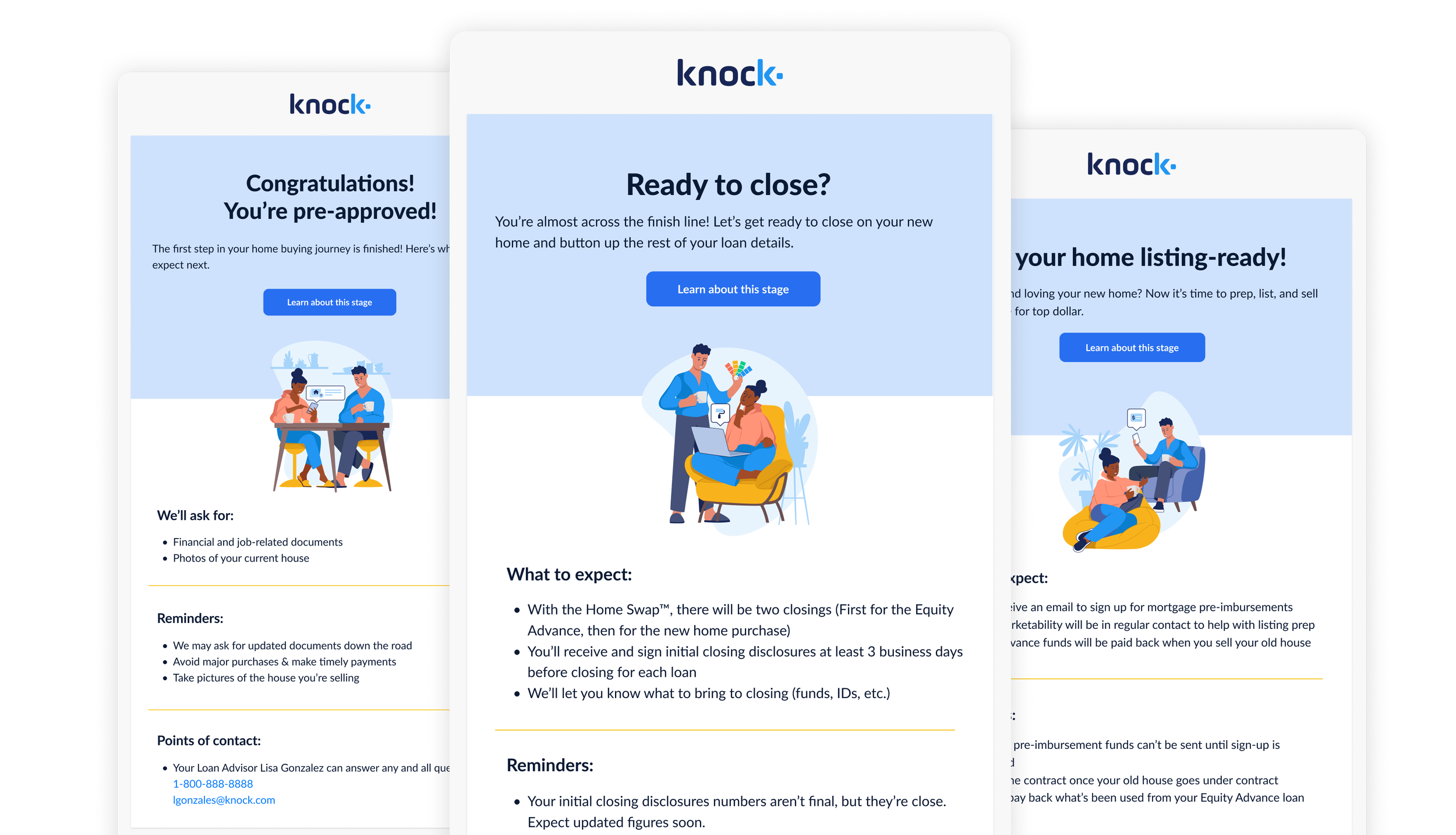 Screenshots of three digital notifications from Knock about home loan process stages, including pre-approval, ready to close, and home listing-ready, each with a blue button labeled 'Learn about this stage' and illustrations of people discussing home-related topics.