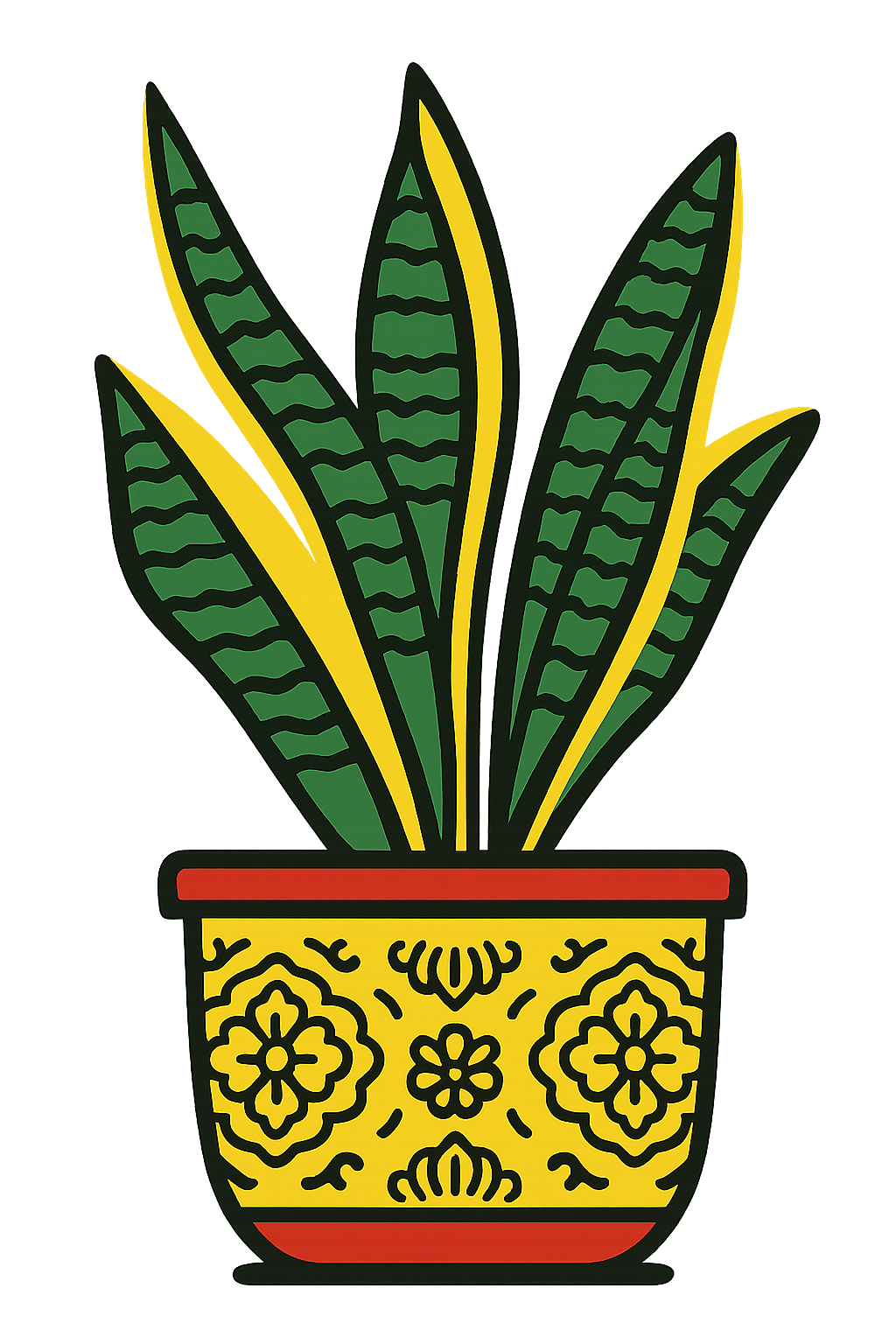 A decorative yellow flower pot with red and black accents, containing a green and yellow striped plant.
