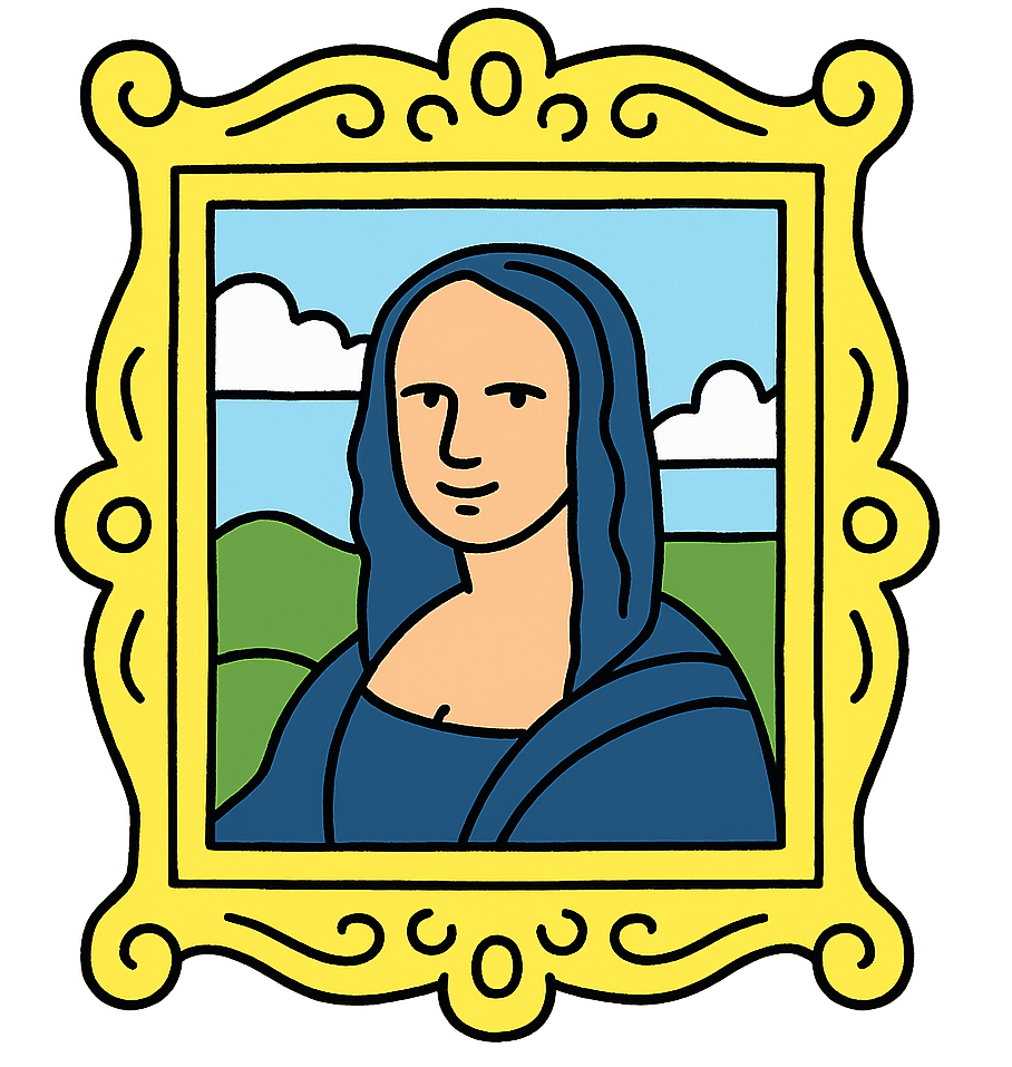 A stylized cartoon of the Mona Lisa with black outlines, wearing a blue dress and head covering, set against a background of green hills, blue sky, and white clouds, framed in an ornate yellow frame.