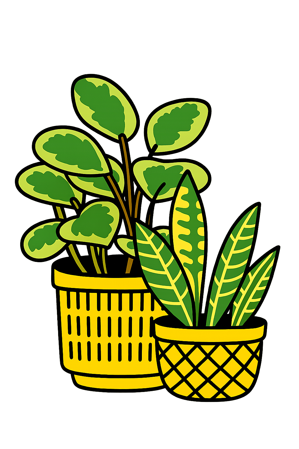 Stylized illustration of two potted houseplants with green and yellow leaves.