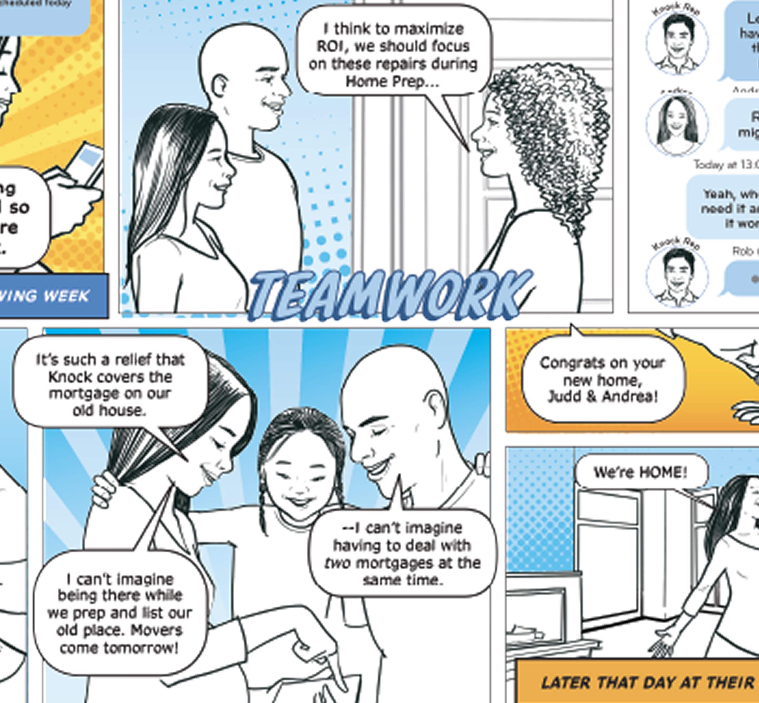 Comic strip about teamwork and moving into a new home. Characters are discussing repairs, mortgage relief, congratulating the new homeowners Judd and Andrea, and celebrating being back home.