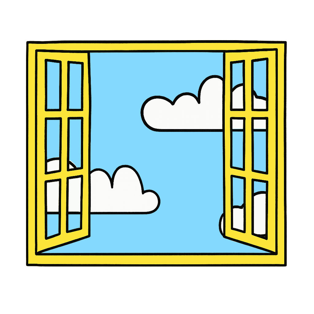 Open window with yellow frame, showing blue sky and white clouds outside.