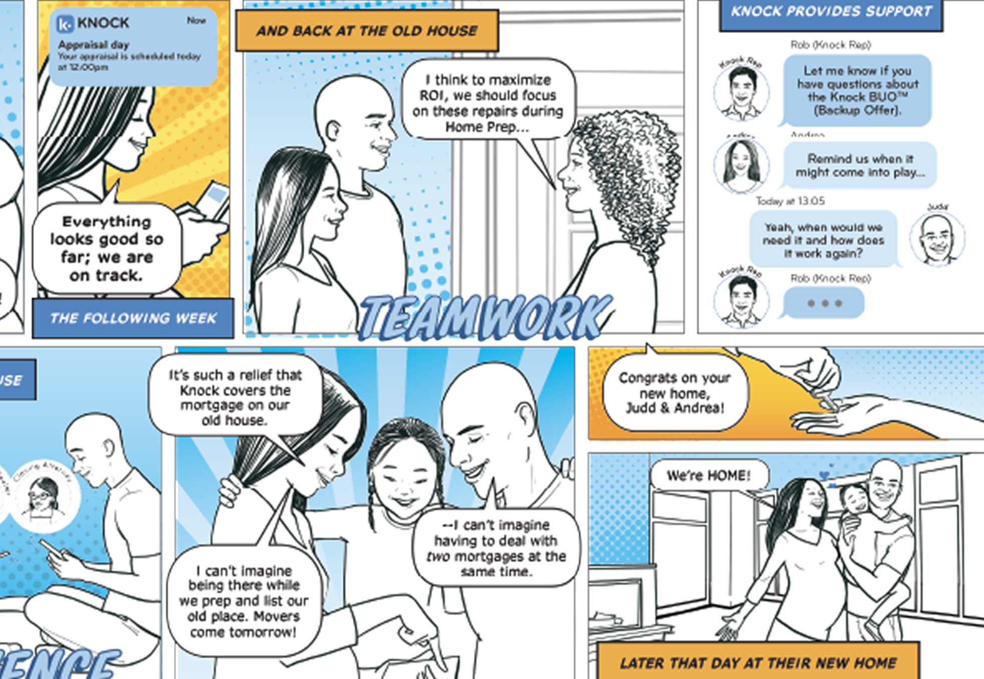 Comic strip panels showing a group of people discussing work and home life, including team collaboration, mortgage relief, moving into a new home, and celebrating with family.